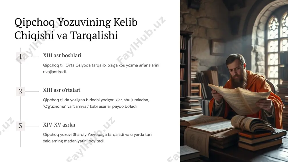 , fe'l shakllanishi, otlarning son va kelishik shakllari va boshqalar. sintaktik xususiyatlar qoraqalpoq tili qipchoq yozma yodgorliklarida ko'rilgan o'ziga xos sintaktik tuzilmalarni meros qilib olgan. masalan, jumlalar tuzilishi, so'zlar tartibi va boshqalar. 4 qipchoq yozuvining qoraqalpoq tilining rivojiga ta'siri 1 yozma madaniyat qipchoq yozuvining tarqalishi qoraqalpoq xalqining yozma madaniyatini rivojlantirishga hissa qo'shdi. bu xalqning o'z tilida yozish va o'qish imkoniyatini yaratdi. 2 til standartlashuvi qipchoq yozma yodgorliklari qoraqalpoq tilida standartlashuv jarayonini boshlagan. bu tilning grammatik qoidalari va yozma shakllari to'g'risida umumiy tushuncha yaratishga yordam berdi. 3 adabiyot rivoji qipchoq yozuvi qoraqalpoq adabiyoti rivojiga asos yaratdi. qoraqalpoq yozuvchilari o'z asarlarini qipchoq tilida yozish imkoniyatiga ega bo'lishdi. 5 qipchoq yozuvining zamonaviy qoraqalpoq tiliga ta'siri lug'aviy boylik qoraqalpoq tili qipchoq yozma yodgorliklaridan ko'plab so'zlarni meros qilib olgan. bu tilning lug'aviy boyligini oshirishga yordam berdi. gramatik tuzilma qoraqalpoq tilining gramatik tuzilmasi qipchoq yozma yodgorliklarining ta'sirida shakllangan. bu tilning tizimli va mantiqiy tuzilishini saqlab qolishga …