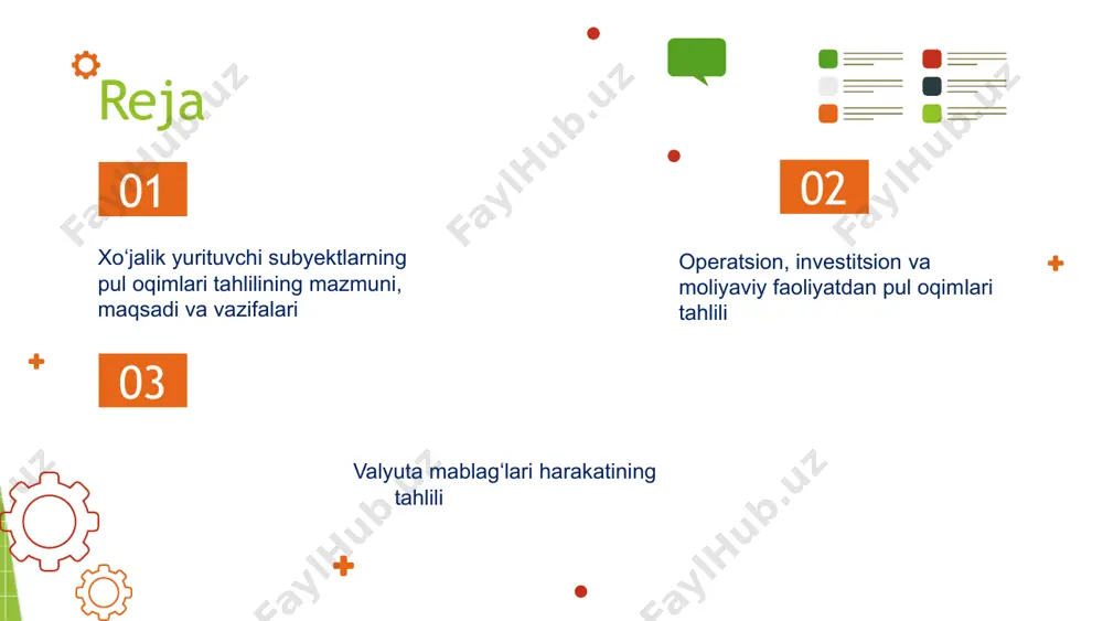 sosida moliyaviy holatini yaxshilash pul oqimlari tahlilining asosiy vazifalari xo‘jalik subyektining pul mablag‘larining harakatiga to‘g‘ri, aniq va xolisona baho berish operatsion faoliyatdagi pul mablag‘larining harakatiga baho berish xo‘jalik yurituvchi subyektning investitsiya, moliyaviy va soliqqa tortish faoliyatlari bo‘yicha pul mablag‘larining sof kirimini va chiqimini aniqlash hamda baho berish asosiy faoliyat foydasi (zarari) va uning o‘zgarishini omilli tahlil qilish pul mablag‘lari kirimi bo‘yicha manbalarini, chiqimi bo‘yicha harakatlarining tarkibini chuqur o‘rganish xo‘jalik yurituvchi subyektning valyuta mablag‘lari harakatini o‘rganish va unga ta’sir etuvchi omillarga baho berish xo‘jalik subyektini sof pul oqimlarida ijobiy saldoni ko‘paytirish imkoniyatlarini aniqlash investitsiya faoliyati - pul ekvivalentlariga kiritilmagan uzoq muddatli aktivlar va boshqa investitsiya obyektlarini sotib olish va sotish. boshqacha aytganda, pul mablag‘larining investitsion faoliyat bo‘yicha harakati uzoq muddatli aktivlarni shakllantirish va qisqartirish hamda uzoq va qisqa muddatli investitsiyalarni sotib olish, sotish muomalalari natijasida yuzaga keladi investitsion faoliyat bo‘yicha pul mablag‘lari harakati asosiy vositalarni xarid qilish bilan bog’liq to’lovlar nommodiy …