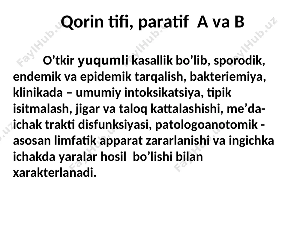 ilarning so’nish davri sog’ayish davri klinikasi umumiy simptomlar umumiy xolsizlik tez charchash adinamiya bosh og’rishi ba’zan et uvishishi. kasallikning 4—7-kunlari tana harorati eng cho’qqiga ko’tarilishi kuzatiladi. intoksikatsiya belgilari kuchayadi bosh og’rishi kuchayadi ishtaxaning pasayishi yoki yo’qolishi uyquning buzilishi (kunduzi uyquchanlik, tunda uyqusizlik) qabziyatga moyillik, meteorizm kuzatiladi. kasallikning 7—9- kunlarida klinik belgilari yaqqol namoyon bo’ladi. boshlang’ich davri umumiy intoksikatsiya alomatlari nisbiy bradikardiya o’pkada tarqoq quruq xirillashlar til odatda quruq, kulrang – jigar rang karashlar bilan qoplangan, kattalashgan, (til chetlarida tish izlari) qorin dam bo’lishi (kepchigan - meteorizm) perkutor tovushning bo’g’iqlashishi, o’ng yonbosh soxada (simptom padalka). ba’zan qorin tifi o’tkir gastroenterit yoki enterit belgilari bilan boshlanadi. harorat chizig’i qorin tifi qorin tifi. vunderlix tipidagi isitma egri chizig’i. klinik belgilari avj olish davri intoksikatsiyaning kuchayishi: bemorlarda tormozlanish es – xushning xiralashishi (infeksion-toksik ensefalopatiya) rozeolez toshmalar (qorining yuqori qismida va kukrakning pastki qismlarida) til quruq tish izlari bilan, kulrang – to’q qo’ng’ir karashlar bilan …