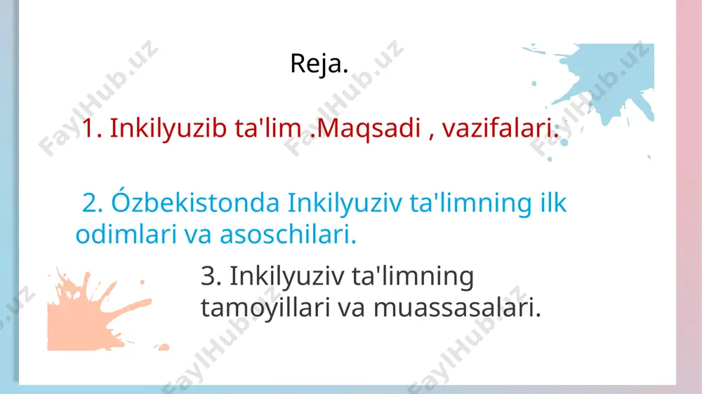 chilari. xududiy xalq ta'lim bo'limi mutasaddilari soğliqni saqlash tizimi xodimlari nodavlat va notijorat tashkilotlar ota- ona uutmning oddiy va imkoniyati cheklangan o'quvchilari mahalla tor mutaxassislar óqituvchilar tibbiy pedagogik- psixologik konisdiya tarkibidagi mutaxassislar 7 imkoniyati cheklangan bolalarning hususiyatlari. faoliyat pastligi va diqqatning tarqoqligi tovushlar talafuzida kamchiliklar nutq zahirasining yetarli emasligi emotsional- xissiy holati ózgaruvchan tushuncha va tasavvurlarning cheklanganligi mayda motorikalarida muammolar bor 8 inkilyuziv ta'limning asosiy 7 tamoyili mavjud. 1. inkilyuziv ta'limning e'tirof etilishi tamoyili 2. inkilyuziv ta'limning barcha uchun ochiq tamoyili 3. boğlanishning mavjud bo'lish tamoyili 4. markazlashtirilmagan bo'lish tamoyili 5.inkilyuziv ta'limda kompleks yondashuv tamoyili 9 text here text here text here text here text here text here text here text here 6.inkilyuziv ta'limda moslashuvchanlik tamoyili 7. malakaliliylik tamoyili. 10 inkilyuziv ta'limning muammolari kòplab davlatlarda inkilyuziv ta'limni joriy etish davlat normative hujjatlarda qayd qilinmasligi; nogiron bolalarga salbiy munosabat; imkoniyati cheklangan bolalarning jamolarda kormaslik; moddiy mablağning yetishmasligi 11 imkoniyati cheklangan bolalarni …
