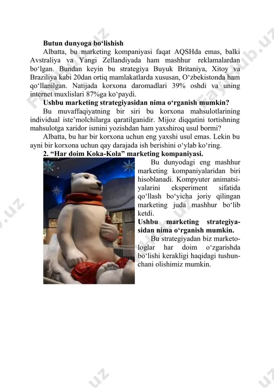 ‘l bilan «jillette» ustaralar bozorida amalda monopol mavqega ega bo‘lib oldi va bu mavqeini deyarli 40 yil ushlab turdi. 2) nusxa ko‘chirish mashinalarini tayyorlashga patentlarning mavjudligiga qaramasdan, yirik mashinasozlar bu texnikani ishlab chiwarish va sotishda hech kanday istikbol ko‘rmas edilar. ularning hisob-kitobiga ko‘ra nusxa ko‘chirish mashinasi kamida 4000 dollar turishi lozim edi. ular bunday bahoda mashinani hech kim harid qilmasligiga ishonar edilar. yirik kompaniyalar bunday qimmat uskunaning fond qaytimini va boshqa iqtisodiy ko‘rsatkichlarini hisoblab, taqqoslab ko‘rardilar. biroq kotibalar ishini engillashtirish uchun mo‘ljallangan qurilmadan qanday iqtisodiy manfaat kutish mumkin? shularning hammasini aniq hisobga ololgan kichik «xeloid» kompaniyasi, bu kompaniya bugungi kunda «xerox» nomi bilan ma’lum va mashhur, patentlarni xarid qildi va alohida texnik yangiliklar kiritmagan holda nusxa ko‘chirish mashinasining modelini ishlab chiqdi. kompaniya iste’molchilar e’tiborini bitta nusxaning bahosiga qaratdi: olinadigan bir nusxaning bahosi 5-10 sent bo‘lganida quyiladigan kapital quyilmalarning samaradorligini hisoblashga ne hojat?! bu xizmat arzimagan bahoga ega ediki, uni har …