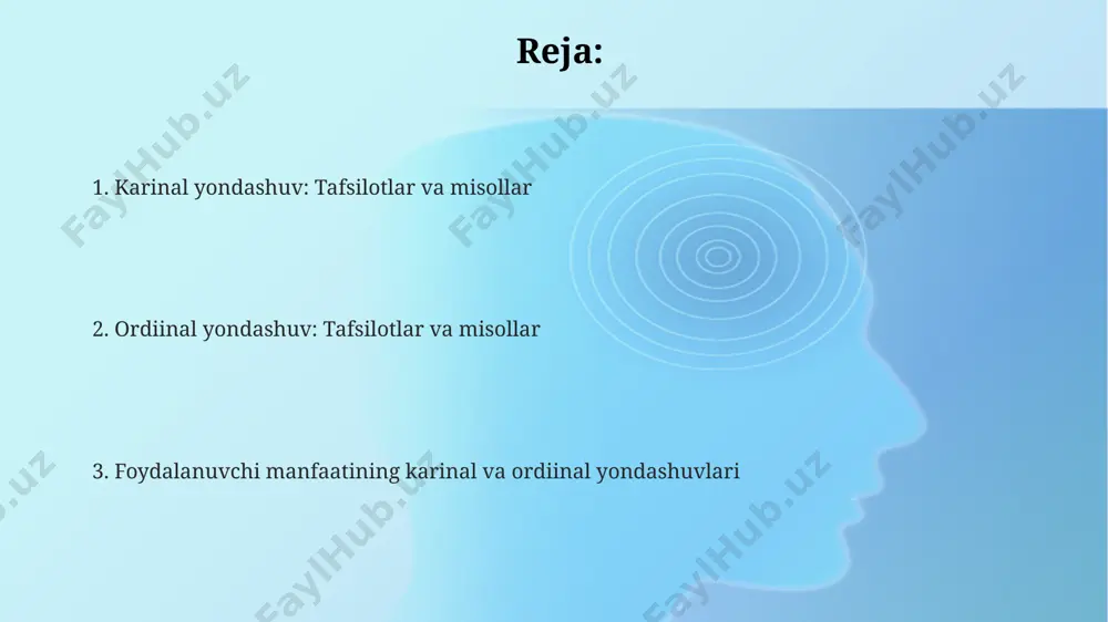 olda, faqat ularning o'zaro tartibini ko'rsatadi. ordinal yondashuvda iste'molchi afzalliklarini aniq miqdoriy qiymatlar bilan emas, balki tartibli (masalan, 1-chi, 2-chi, 3-chi) ustunlik darajalari bilan ifodalaydi, bu esa foydalanuvchi uchun 3 ta mahsulotni taqqoslashda ancha soddalashtirilgan usul hisoblanadi. e'tiboringiz uchun rahmat @taqdimot_robot image1.png