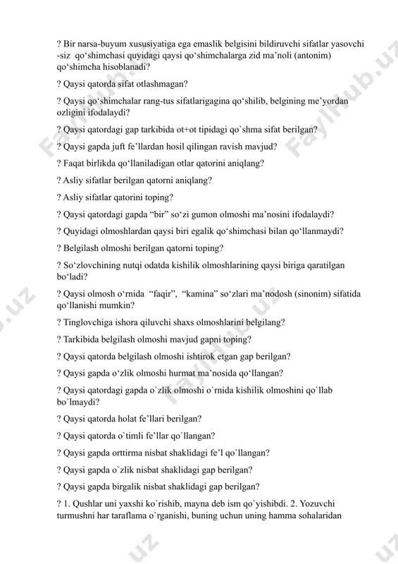 ? qaysi qatorda o`timli fe’llar qo`llangan? ? qaysi gapda orttirma nisbat shaklidagi fe’l qo`llangan? ? qaysi gapda o`zlik nisbat shaklidagi gap berilgan? ? qaysi gapda birgalik nisbat shaklidagi gap berilgan? ? 1. qushlar uni yaxshi ko`rishib, mayna deb ism qo`yishibdi. 2. yozuvchi turmushni har taraflama o`rganishi, buning uchun uning hamma sohalaridan xabardor bo`lishi kerak. ushbu gaplardagi fe’llarda qo`llangan –ish qo`shimchasi haqidagi qaysi hukm to`g`ri? ? 1. u sumkasidan kitobini chiqardi. 2. u doim aylanishga chiqardi. ushbu gaplardagi –ar qo`shimchasini izohlang. ? saida o`rtog`i bilan shu qarorga kelishdi. ular o`qishga kelishdi. ushbu gaplardagi kelishdi so`zining nisbatini aniqlang. ? ushbu so`zlardan qaysilari orttirma nisbatda? 1) shoshir; 2) gapir; 3) botir; 4) chaqir; 5) pishir; 6) eskir; 7) ichir; 8) tushir; ? ushbu so`zlardan qaysilari aniq nisbatda? 1) shoshir; 2) gapir; 3) botir; 4) chaqir; 5) pishir; 6) eskir; 7) ichir; 8) tushir; ? 1. gul ochildi. 2.yig`ilish ochildi. ushbu gaplardagi fe’llarning nisbatini …
