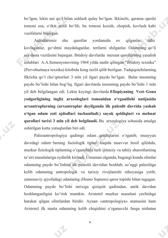 a ma’lum bo’ladi. uni paleontolog fulrod o’rganadi. 1868 yilda fransiyaning kro-manon g’oridan so’nggi paleolitga mansub odam suyagi qoldiqlari topiladi (yevropeoid irqiga mansub xususiyatlar mavjud). golland vrachi va anatomi ernest dyubua 1890-1892 yillarda yava orolida antropoid va neandertallar oralig’ida mavjud bo’lgan odam turiga mansub suyak qoldiqlarini topadi. skeletini top’liq topib, qayta tiklashga muyassar bo’lgan olim uni tik ikki oyoqda yurgan eng qadimgi odam ekanligini ta’kidlaydi va uni «pitekantropus erektus » – «tikyuruvchi maymunsimon odam » deb ataydi. 1901 yilda italiyaning grimaldi g’oridan odam suyagi qoldig’i topiladi (negroid irqiga mansub xususiyatlar mavjud). keyingi tadqiqotlar jarayonida pitekantropga tegishli suyak qoldiqlari ko’plab topila boshlandi. 1907 yilda germaniyaning mauer qishlog’ida, geydelbergdan 10 km janubda ishchilar qazilma odam suyagi qoldiqlarini topib olishadi. u fanda geydelberg odami nomi bilan mash’hur. olimlar uni pitekantrop va neandertal turlari oralig’idagi tipiga mansub odam, deb hisoblaydilar. 1927 yilda pekin shahri yaqinidagi chjoukoutyan degan joydan sinantrop suyagi qoldiqlari topiladi. bu manzilgoh kanadalik …