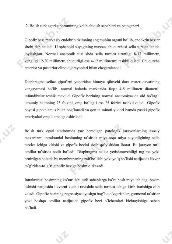 uzilishi bilan bog’liq bo’lib, portal qon aylanish tizimining buzilishi, mikroangiopatiya va ishemiya-reperfuziya jarayonlarini o’z ichiga oladi. 3. klinik ko’rinishlar, diagnostika va zamonaviy davolash strategiyalari bo’sh turk egari sindromining klinik tasviri sindromning darajasi, gipofiz bezining shikastlanish miqdori va bemorning individual xususiyatlariga qarab juda xilma-xil bo’ladi. sindromning klinik manifestatsiyalari endokrin disfunktsiyalar, nevrologik simptomlar va psixoemostional buzilishlar shaklida namoyon bo’ladi. endokrin disfunktsiyalar va ularning patofiziologik asoslari sindromning eng muhim klinik ko’rinishlaridan hisoblanadi. gipotalamo-gipofiz-tiroid o’qi buzilishlari tsh ishlab chiqaruvchi tirotrop hujayralari shikastlanishi natijasida yuzaga keladi. bu holat asteniya, bradikardiya, sovuqqa chidamsizlik, qurigan teri kabi belgilar bilan namoyon bo’ladi. laboratoriya ko’rsatkichlarida tsh, ft4 va ft3 darajalarining pasayishi kuzatiladi. oqibat sifatida metabolizm sekinlashuvi va yurak-qon tomir komplikatsiyalari rivojlanadi. gipotalamo-gipofiz-adrenal o’qi patologiyasi kortikotrop hujayralari nekrozi yoki atrofiyasi natijasida yuzaga keladi. klinik jihatdan zaiflik, gipotenziya, elektrolit buzilishlari, pigmentatsiya kamayishi kuzatiladi. laboratoriya tekshiruvlarida acth, kortizol va 17-ketosteroidlar darajasining pasayishi aniqlanadi. eng xavfli holat adrenal kriz riski hisoblanadi. gonadotrop funksiya …