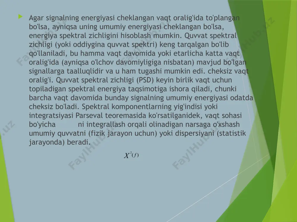 elyatsiyasini hisoblash natijasi kechikish nolga teng bo‘lganda nolga teng. kotelnikov teoremasi spektri keskin cheklangan vaqt funksiyasining qiymati ∆𝑡 = 1 2𝑓𝑐ℎ𝑒𝑔 vaqt intervalida quyidagi ifoda bilan aniqlanadi. 𝑢(𝑡) = ∑ 𝑢(𝑘∆𝑡) 𝑠𝑖𝑛𝜔𝑐ℎ𝑒𝑔(𝑡 − 𝑘∆𝑡) 𝜔𝑐ℎ𝑒𝑔(𝑡 − 𝑘∆𝑡) ∞ 𝑘=−∞ bu yerda 𝜔𝑐ℎ𝑒𝑔 = 2𝜋𝑓𝑐ℎ𝑒𝑔 uzatilayotgan funksiya spektrining chegaraviy chastotasi. teoremaning isboti. faraz qilaylik uzluksiz u(t) vaqt funksiyasi f cheg chek-langan chastota spektriga ega bo‘lsin. furyening teskari almashtirishlaridan foydalanib, bu funksiyani quyidagi ko‘rinishda yozish mumkin 𝑢(𝑡) = ∫ 𝑈(𝑓)𝑒 𝑗𝜔𝑡𝑑𝑓 𝑈(𝑓) = ∑ 𝐶𝑘𝑒 𝑗2𝜋𝑘𝑓/2𝑓𝑐ℎ𝑒𝑔 = ∞ 𝑘=−∞ ∑ 𝐶𝑘𝑒 𝑗2𝜋𝑘𝑓∆𝑡𝑓 ∞ cheg –f cheg funksiyaning u(f) spektrini 2f-cheg davriylikda chastota o‘qida davom ettiramiz. u holda f chastota uchun – f cheg dan f-cheg gacha oraliqda joylashgan u(f) funksiyaning f chastotasi uchun furye qatorini quyidagi ko‘rinishida tasavvur qilish mumkin. 𝐶𝑘 = ∆𝑡𝑢(−𝑘∆𝑡) bunda spektrning amplitudasi quyidagi ifoda bilan aniqlanadi 𝐶𝑘 = 1 2fcheg ∫ 𝑈(𝑓)𝑒 −𝑗2𝜋𝑘𝑓 2𝑓 𝑑𝑓 == ∆𝑡 ∫ …