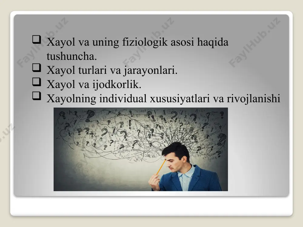 shu tarkibda bo‘lishi bilan farq qiladi. bular inson ko‘z o‘ngida sodir bo‘lmagan va bo‘lishi mumkin bo‘lmagan hodisalar, dalillar, voqealardir. xayol obrazlari o‘zida sodir bo‘lishi kutilgan voqea va hodisalarni tutishi mumkin. shu bilan birga, xayollarda kashf etilgan yangilik doimo haqiqatda mavjud bo‘lganlar bilan u yoki bu darajada bog‘langan bo‘ladi. xayol obrazlari idrok obrazlariga, shuningdek, xayolda chuqur o‘zgarishlarga uchraydigan xotira tasavvurlariga ham tayanadi. xayol turlari tasniflanishining bir necha xillari mavjud, ularning har biri asosida xayolning ahamiyatga molik belgilari: faollik, inson maqsadlari bilan aloqasi, yangi obrazlar yaratish mustaqilligiga egadir. faollik belgisi bo‘yicha xayol faol va sust xayolga bo‘linadi. xayol jarayonlari - xayol jarayonlari insonning tajribasi va bilim doirasi, shuningdek o’tmish tajribalari bilan belgilanadi. agglyutinatsiya – «elimlash» degan ma’noni bildirib, unda turli qismlarni bitta qilib yangi obraz yaratiladi. masalan: yalmog’iz kampir, suv parisi, kentavr, ssfinks obrazlari va boshqalar. giperbolizatsiya – obrazlarni kattalashtirish yoki kichiklashtirish shuningdek, alohida qismlarni o’zgartirishdir. masalan: gulliver, liliput, alpomish, rustam pahlavon …