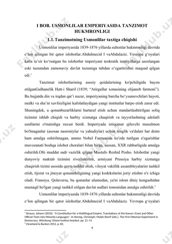 tish, tijorat va jinoyat qonunchiligining yangi kodekslarini joriy etishni o'z ichiga oladi. fransiya. qolaversa, bu qonunlar ulamodan, ya'ni islom diniy kengashidan mustaqil bo'lgan yangi tashkil etilgan davlat sudlari tomonidan amalga oshirildi.[footnoteref:2] [2: cleveland & bunton 2012, p. 82. ] usmonlilar imperiyasida 1839-1876 yillarda sultonlar hukmronligi davrida eʼlon qilingan bir qator islohotlar.abdulmecid i vaabdulaziz. yevropa gʻoyalari katta taʼsir koʻrsatgan bu islohotlar imperiyani teokratik tamoyillarga asoslangan eski tuzumdan zamonaviy davlat tuzumiga tubdan oʻzgartirishni maqsad qilgan edi. tanzimat islohotlarining asosiy qoidalarining ko'pchiligida bayon etilgangulhanelik hatt-i sharif (1839; “atirgullar xonasining olijanob farmoni”). bu hujjatda din va irqdan qat’i nazar, imperiyaning barcha bo‘ysunuvchilari hayoti, mulki va sha’ni xavfsizligini kafolatlaydigan yangi institutlar barpo etish zarur edi. shuningdek, u qonunbuzarliklarni bartaraf etish uchun standartlashtirilgan soliq tizimini ishlab chiqish va harbiy xizmatga chaqirish va tayyorlashning adolatli usullarini o'rnatishga ruxsat berdi. imperiyada istiqomat qiluvchi musulmon bo'lmaganlar (asosan nasroniylar va yahudiylar) uchun tenglik va'dalari har doim ham amalga oshirilmagan, ammo …
