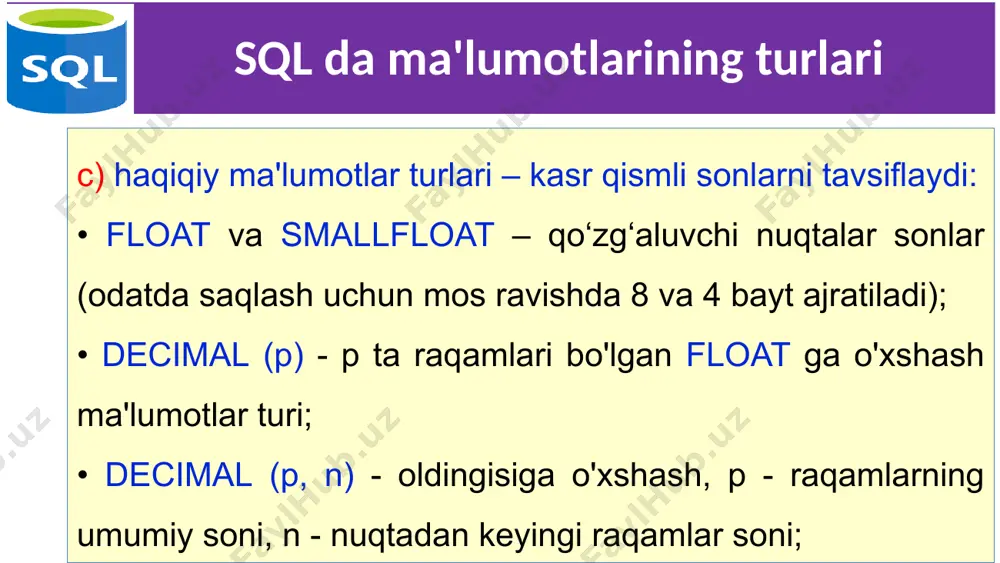 аnishlаrni kiritish agar jadval yaratishda maydonga unique ustun cheklаnishi qo'yilsa, ma'lumotlar bazasi satrlaridan biri uchun ushbu maydonga boshqa satrda mavjud bo'lgan qiymatni kiritish har qanday urinishni rad etadi. masalan : create table salepeople ( snum integer unique, sname char (10), city char (10), comm float ); 17 birlamchi kalitlarni yaratish birlamchi kalit primary key ifodasi yordamida yaratiladi. jadvalda faqat bitta birlamchi kalit bo'lishi mumkin. birlamchi kalitni yaratishning ikkita usuli mavjud: 1) ustundagi cheklаnishlаr shaklida (oddiy birlamchi kalit uchun); 2) jadvaldagi cheklаnishlаr shaklida (oddiy yoki murakkab birlamchi kalit uchun). 18 birlamchi kalitlarni yaratish 1-usul create table salepeople ( snum integer primary key, sname char (10), city char (10), comm float ); 2-usul create table orders ( onum integer, amt double , odate date , cnum integer, snum integer, primary key (cnum, snum)); 19 tashqi kalitlarini yaratish 1-usul: ustundagi cheklаnishlаr shaklida create table orders ( onum integer, amt double , odate date …