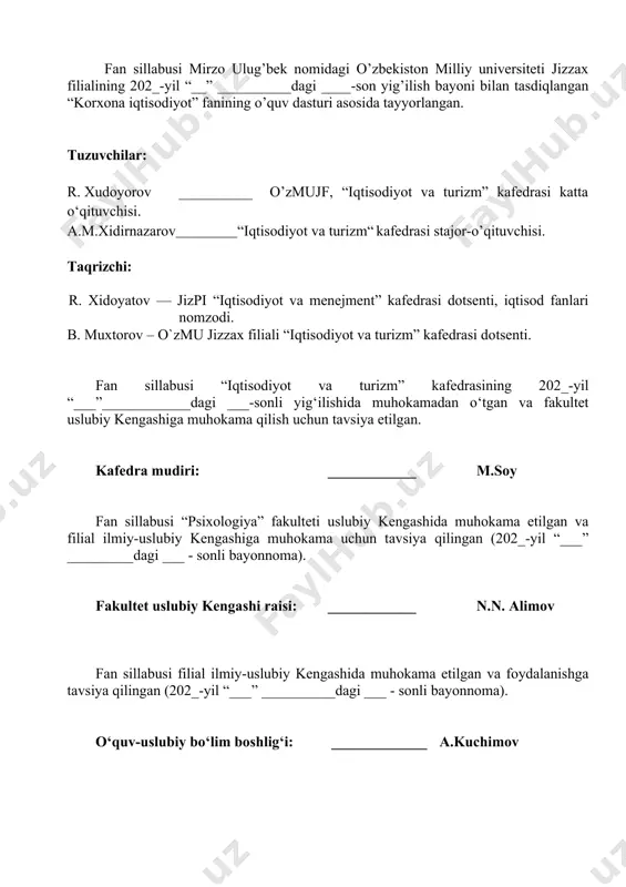 : _____________ a.kuchimov modul / kurs sillabusi korxona iqtisodiyot 5230100 — iqtisodiyot (tarmoqlar va sohalar boʻyicha) ta’lim yo‘nalishi kurs: korxona iqtisodiyoti kurs turi: tanlov kurs kodi: hdib304 yil: 2023/2024 semestr: 8 ta'lim shakli: sirtqi mashg‘ulotlar shakli va semestrga ajratilgan soatlar: 120 ma’ruza 8 seminar 10 mustaqil ta’lim 102 kredit miqdori: 4 baholash shakli: sinov va imtihon kurs tili: o‘zbek kurs maqsadi (km) km fanning maqsadi- jamiyatimizda haqiqiy harakatlar dasturi asosida chuqur va keng ko`lamli iqtisodiy islohotlarni amalga oshirish sharoitida iqtisodiyotga kiritilgan yangi investitsiyalar va mavjud moddiy-texnika asosini modernizatsiya qilishdan tashqari boshqaruvning demokratik tamoyillarini kuchaytirish, firma (korxona)lar va ularga tenglashtirilgan ishlab chiqarish tuzilmalarining faoliyat yuritishlarida mustaqillik doirasini kengaytirish, siyosatning iqtisodiyotdan ustunligiga barham berish, inson faoliyatining barcha soha va tarmoqlarida tashabbuskorlik, izlanish va hokazolarning rivojlanishi ham keng imkoniyatlar yaratmoqda. iqtisodiyotning globallashuvi sharoitida eng asosiy vazifalardan biri korxonalarni modernizatsiya qilish, texnik va texnologik qayta jihozlashni yanada jadallashtirish, zamonaviy, moslashuvchan texnologiyalarni keng joriy yetish. …