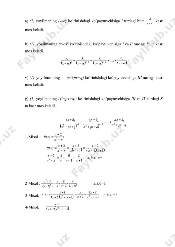 ratsional kasrlarni eng sodda kasrlarga yoyish yo’li bilan ratsional funksiyalarni integrallash - Page 5
