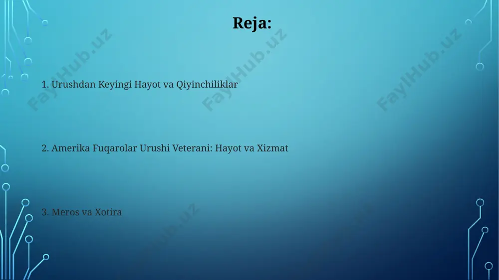 erika fuqarolar urushi faxriylari orasida oʻrtacha 20% dan ortigʻi urushdan keyingi hayotda nogironlik pensiyasi olgan, bu esa ularning 65 yoshdan keyingi hayot sifatini sezilarli darajada yaxshilagan. urushdan keyin taxminan 150,000 dan ortiq veteran qishloq xoʻjaligiga qaytgan, ammo ularning koʻpchiligi yer etishmasligi va iqtisodiy qiyinchiliklar tufayli qiyinchiliklarga duch kelishgan. urushga tayyorgarlik urushga tayyorgarlikning muhim jihati 200 mingdan ortiq odamning oʻlimiga olib kelgan kasalliklar va sogʻliqni saqlash muammolarini hal qilish boʻyicha yetishmovchiliklarni oʻz ichiga olgan. urushga tayyorgarlik jarayoni davomida shimoliy va janubiy armiyalar taxminan 2,7 million askarni safarbar qilib, harbiy texnologiyalar, jumladan, yangi qurollar va temir yo'l transportidan foydalanishni kengaytirganlar. tarixiy manbalar amerika fuqarolar urushi faxriylarining fotografiyalari, shu jumladan, "daguerreotype" va "ambrotype" kabi 19-asr texnologiyalari bilan olingan rasmlar, ularning ko'rinishi va kiyimlari haqida muhim dalillarni o'z ichiga oladi. urushdan keyingi davrda yozilgan 100 mingdan ortiq shaxsiy xatlar va kundaliklar faxriylarning urushdagi tajribalari va hayotlari haqida boy ma'lumot beradi. qurol-yarog' va texnologiyalar amerika …