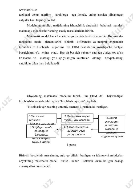riladi. to`rtinchi bosqichda sonli usullar yordamida aniqlangan algoritm asosida biror - bir algoritmik tilda ehm da ishlatish uchun dastur tuziladi. masalan, u umumiy xususiyatga ega bo`lishi kerak, ya`ni matematik modelda ifodalangan masala parametrlarining yetarlicha katta sohada o`zgaruvchi qiymatlarida dastur yaxshi natija berishi kerak. oxirgi bosqichda dastur ehmga qo`yiladi va olingan sonli natijalar chuqur tahlil qilinib baholanadi. natijalarga qarab mutaxassis tahlil qilinayotgan jarayon to`g`risida xulosalar chiqaradi, uning amalga oshishiga ma`lum maqsad asosida ta`sir ko`rsatadi, boshqarish vositalarini ishlab chiqadi, tavsiyalar beradi. ko`plab variantlar asosida bajariluvchi hisoblash tajribalari yordamida loyihachi u yoki bu belgiga ko`ra barcha variantlar ichidan eng ma`qulini tanlashi mumkin. 1990 yillardan boshlab zamonaviy shehm larning ishlab chiqilishi, ilmiy va o`quv jarayonlariga kirib kelishi ma`lum bir yutuqlardan tashqari ba`zi noqulayliklarni ham yuzaga keltirdi. bu noqulaylik shaxsiy kompyuterlardan ilmiy, texnik va ijodiy masalalarni yechishda foydalanuvchilar uchun ancha sezilarli bo`ldi. bunga asosiy sabab shaxsiy kompyuterlarda yuqorida eslatib o`tilgan katta ehmlar uchun yaratilgan tadbiqiy …