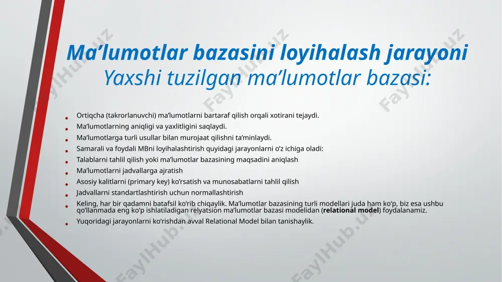 iga har tomonlama qarashni unutmang. masalan, onlayn doʻkon uchun baza yaratganda, bazaga mijoz sifatida, yoki sotuvchi sifatida qarashingiz mumkin va bu ikkisi uchun bir hil maʼlumotlar turli koʻrinishda koʻrsatilishi kerakligini hisobga oling. talablar va maqsdalarni aniqlash uchuh quyidagi qadamlarni bajarish mumkin: bazani ishlatadigan odamlardan intervyu oling hisob-fakturalar, ish jadvallari, so’rovnomalar kabi biznes hujjatlarni tahlil qiling mavjud ma’lumotlar tizimlarini oʻrganing (shu jumladan jismoniy va raqamli fayllar) malumotlar bazasi:ma’lumot bazasi, ma’lumot baza modeli. malumotlar bazasi:ma’lumot bazasi, ma’lumot baza modeli. navbat ma’lumotlar bazasiga kiritilishi kerak bo’lgan barcha maʼlumotlarni yig’ib, ularni turlarga ajratish: shaxslar, joylar, buyumlar, talabalar, fanlar, hodisalar va hokazo. har bir turdagi maʼlumotlarning attributlarini ham aniqlab oling: xaridorlar ism manzil shahar, tuman, viloyat e-pochta manzili telefon raqami mahsulotlar nomi narxi zaxiradagi miqdori buyurtma miqdori malumotlar bazasi:ma’lumot bazasi, ma’lumot baza modeli. buyurtmalar buyurtma id buyurtmani qabul qilgan sotuvchi sana mahsulotlar miqdor narx jami keyinchalik bu ma`lumotlar bevosita mb jadvallarini shakllantirishda ishlatiladi. maʼlumotlarni imkon …