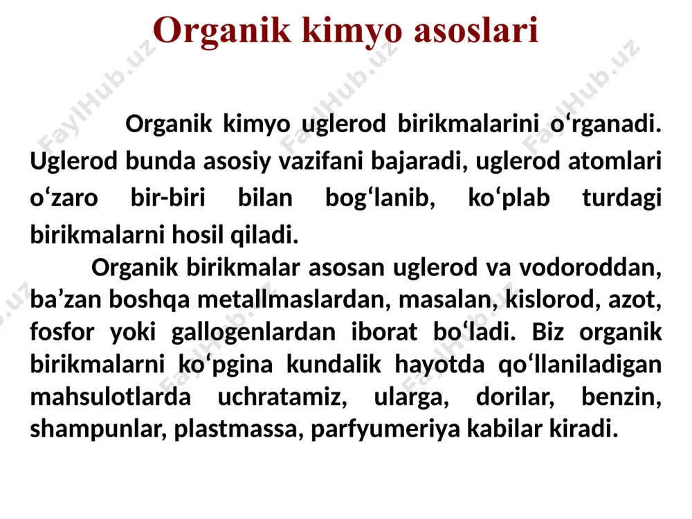 дданинг кислоталиги ва асослиги organik birikmalarning fazoviy tuzilishi organik birikmalarda fazoviy tuzilish, shu jumladan optik, sis- trans- izomeriya, kўp jixatdan ularning biologik faolligini belgilab beradi. bir stereoizomeri biologik faollikka ega bўlsa, ikkinchisining faolligi bўlmaydi. 8 optik izomerlar qutblangan nur tekisligini burish burchagi bilan farқ қilib, bir biridan biologik faolligi bilan farқ қiluvchi d- va l-izomerlarni xosil қiladi. ular қatoriga d- glyukoza, l- α-aminokislotalar va boshқalar kiradi. moddalarning stereoizomeriyasi va biologik faolligining bog’liqligi organik moddalar sintezlanganda bir nechta stereoizomerlar aralashmasi sifatida hosil bo’ladi. shularning ichida biri biologik faollikka ega bo’lsa, boshqa turi ega bo’lmaydi. masalan, organizmda olma kislota l-izomer shaklida sintezlansa, sut kislota d-izomer shaklida hosil bo’ladi. monosaxaridlarni tabiatda faqat d-izomeri mavjud bo’lsa, aminokislotalar oqsil tarkibiga faqat l-izomer shaklida kiradi. yog’lar tarkibida с17н33соон molekulyar formulali moddalardan sis-izomeri - olein kislota yog’lar tarkibiga kirsa, trans-izomeri - elaidin kislota yog’larda uchramaydi. organik birikmalarda kimyoviy bog’ tabiati asosiy bog’ turi – kovalent bogi: kutbli …