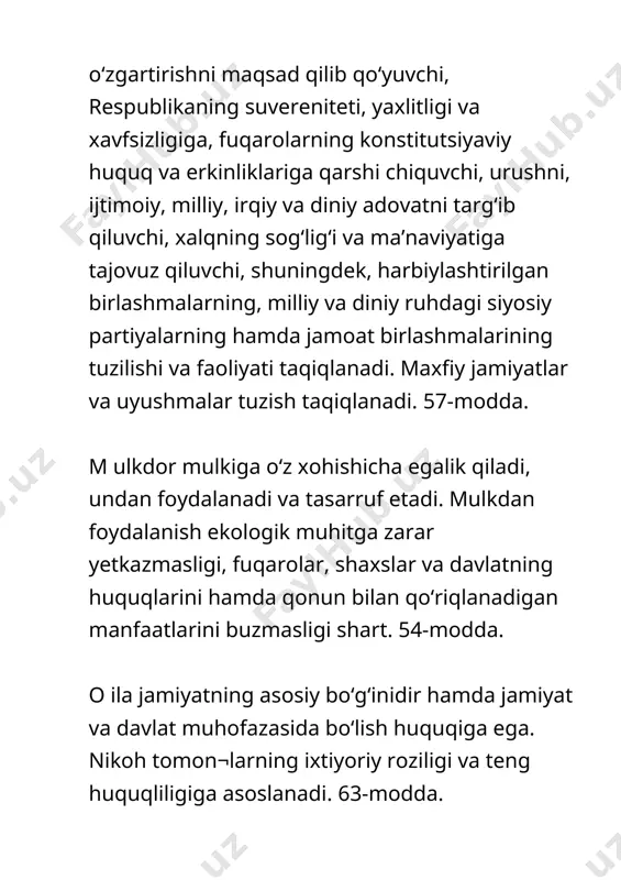 munosabati bilan iste’foga chiqqan prezident umrbod senat a’zosi lavozimini egallaydi. 97-modda. x otin-qizlar va erkaklar teng huquqlidirlar. 46-modda. y er, yer osti boyliklari, suv, o‘simlik va hayvonot dunyosi hamda boshqa tabiiy zaxiralar umummilliy boylikdir, ulardan oqilona foydalanish zarur va ular davlat muhofazasidadir. 55-modda. o‘ zbekiston respublikasining davlat tili o‘zbek tilidir. o‘zbekiston respublikasi o‘z hududida istiqomat qiluvchi barcha millat va elatlarning tillari, urf-odatlari va an’analari hurmat qilinishini ta’minlaydi, ularning rivojlanishi uchun sharoit yaratadi. 4-modda. sh aharcha, qishloq va ovullarda, shuningdek, ular tarkibidagi mahallalarda hamda shaharlardagi mahallalarda fuqarolarning yig‘inlari o‘zini o‘zi boshqarish organlari bo‘lib, ular ikki yarim yil muddatga raisni (oqsoqolni) va uning maslahatchilarini saylaydi. o‘zini o‘zi boshqarish organlarini saylash tartibi, faoliyatini tashkil etish hamda vakolat doirasi qonun bilan belgilanadi. 105-modda.