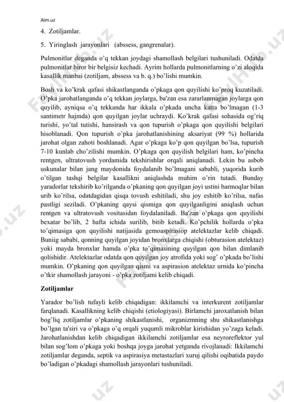 hga bo’linadi: 1. pulmonitlar. 2. qon quyilishlar. 3. atelektazlar. 4. zotiljamlar. 5. yiringlash jarayonlari (abssess, gangrenalar). pulmonitlar deganda o’q tekkan joydagi shamollash belgilari tushuniladi. odatda pulmonitlar biror bir belgisiz kechadi. ayrim hollarda pulmonitlarning o’zi aloqida kasallik manbai (zotiljam, abssess va b. q.) bo’lishi mumkin. bosh va ko’krak qafasi shikastlanganda o’pkaga qon quyilishi ko’proq kuzatiladi. o’pka jarohatlanganda o’q tekkan joylarga, ba'zan esa zararlanmagan joylarga qon quyilib, ayniqsa o’q tekkanda har ikkala o’pkada uncha katta bo’lmagan (1-3 santimetr hajmda) qon quyilgan joylar uchraydi. ko’krak qafasi sohasida og’riq turishi, yo’tal tutishi, hansirash va qon tupurish o’pkaga qon quyilishi belgilari hisoblanadi. qon tupurish o’pka jarohatlanishining aksariyat (99 %) hollarida jarohat olgan zahoti boshlanadi. agar o’pkaga ko’p qon quyilgan bo’lsa, tupurish 7-10 kunlab cho’zilishi mumkin. o’pkaga qon quyilish belgilari ham, ko’pincha rentgen, ultratovush yordamida tekshirishlar orqali aniqlanadi. lekin bu asbob uskunalar bilan jang maydonida foydalanib bo’lmagani sababli, yuqorida kurib o’tilgan tashqi belgilar kasallikni aniqlashda muhim …