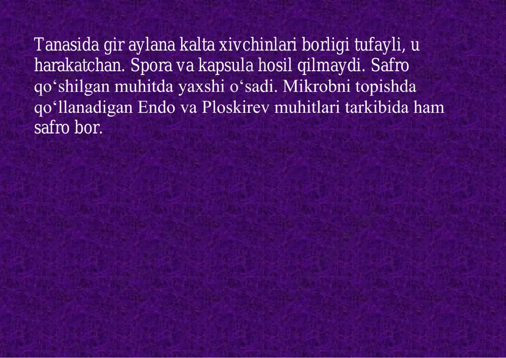 damlar orasida kuzatiladi. kasallikning suv orqali tarqalishi faqat xom suv ichgandagina emas, zararlangan suvda idish-tovoqlarni yuvganda xam ro‘y beradi. ifloslangan suvda cho‘milish tufayli xam kasallik yuqadi. oziq-ovqatlar xam kasallik tarqalishida muxim axamiyatga ega. oziq-ovqatlarga tushgan kasallik mikrobi ularda yaxshi saqlanibgina qolmay, ko‘payishi xam mumkinligini inobatga olsak, yoz kunlarida respublikamiz sharoigida u goyat xavflidir. kasallik ovqat vositasida tarqaganida, odatda yashirin davr qisqa bo‘ladi va ko‘pincha xastalik og‘ir kechadi.kasallik mikrobi bilan zararlangan suv yoki ovqat maxsulotlari tarqatuvchi omil bo‘lganida, qisqa muddatda bir necha odamning kasallanishi epidemiologik jixatdan xarakterli xisoblanadi. ichtrelama respublikamiz sharoitida yoz oylari, iyun-sentabrda ko‘proq qayd qilinadi. u issiq xaroratda mikrobning tashqi muhitda yaxshi saqlanishi, odamning suvga bo‘lgan extiyoji ortishi va jazirama issiq ta’sirida organizmning ximoya kuchlari susayishi bilan bog‘liq. keyingi yillarda ichterlama respublikamizda, asosan, onda-sonda uchraydigan, bir-biri bilan bog‘liq bo‘lmagan sporadik kasallanish xolida uchraydi. aholining ichimlik suv bilan ta’minlanishi yaxshilanib borayotgani tufayli ichterlama bilan kasallanish yildan-yilga kamayib bormoqda. kasallikdan so‘ng …