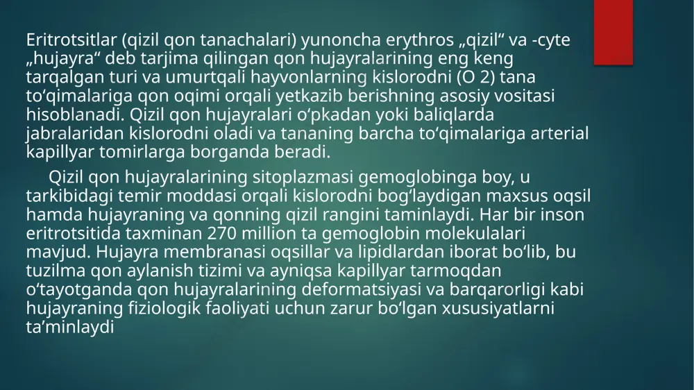 uhim tarkibiy qismi qon ichida aylanib yuradigan hujayralardir. ushbu hujayralar suyak iligida hosil bo‘ladi va ularning qiymatini ortiqcha baholash qiyin. eritrotsitlar, ya'ni qizil qon tanachalarining o‘zigina o‘pkadan chiqadigan kislorodni tanamizning barcha to‘qimalariga yetkazadi va shu bilan nafas olishda qatnashadi. aynan ular qonni qizil rangga kiritadi. boshqalari, masalan oq qon hujayralari bizni mikrob va viruslardan himoya qiladi. va nihoyat, uchinchi xil hujayralar — trombotsitlar, shikastlanganimizda qon ketishini to‘xtatadi. agar qaysidir hujayra miqdori juda kamayib ketsa yoki o‘z funksiyasini bajarishdan to‘xtasa, sog‘ligimiz yomonlashadi. anemiyaning rivojlanishi ushbu hujayralardan biri — qizil qon tanachalari yetishmasligi bilan bog‘liq. ammo, ba'zida qizil qon tanachalarining soni saqlanib qolgan holatda ularning asosiy tarkibiy qismi, kislorodni olib yuradigan gemoglobin oqsilining soni kamayadi. natijada, qizil qon tanachalari «sifatsiz» bo‘lib qoladi va ularning funksiyalari, hatto qizil qon hujayralari soni o‘zgarmasa ham ishdan chiqadi. shunday qilib, biz anemiya nimaligini bilib oldik — qizil qon tanachalari yoki ular tarkibidagi gemoglobin miqdori kamayganda yuzaga …
