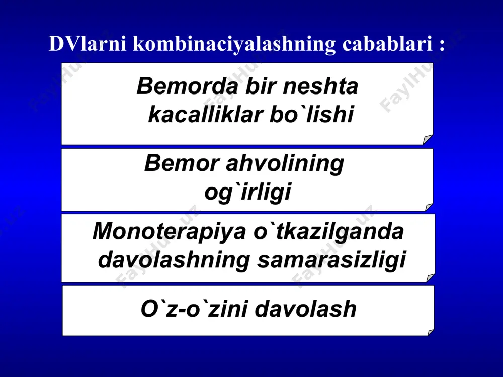 dvlarining so`rilish bosqichidagi o`zaro ta`siri dvlarining so`rilish bosqishidagi o`zaro ta`siri mexanizmlari xelat birikmalarning hosil bo`lishi oshqozon muxitining (ph) o`zgarishi ichak normal mikroflorasiga ta`sir etishi ichak shillik pardasini zararlanishi miy motorikasini o`zgarishi glikoprotein p aktivligining o`zgarishi xelat birikmalarning xosil bo`lishi temir preparatlari tetraciklinlar so`rilmaydigan xelat birikmalar xosil bo`ladi + temirning so`rilishi buziladi antbiiotikning so`rilishi buziladi oshqozon muhitining (ph) o`zgarishi barbituratlar ionlashgan barbituratlar so`rilishning buzulishi uyqu chaqiruvchi va talvasaga qarshi ta`sirining pasayishi ishqoriy tomonga o`zgarishi proton naсoсi ingibitorlari h2-gistamin receptor blokatorlari metabolizm (biotranсformaciya) bosqichida dvlarining farmakokinetik o`zaro ta`siri dv ta`sirida citoxrom p-450 aktivligining o`zgarishi induktor dv ingibitor dv cyp aktivligini oshiradi cyp aktivligini pasaytiradi dv koncentraciyasini pasaytiradi cyp substrati bulgan dv koncentrasiyasini oshiradi dv samarasini kamayishi dv salbiy ta`siri rivojlanadi cyp3a4 ingibitorlari ketokonazol intrakonazol flukonazol cimetidin eritromicin klaritromicin greypfrut soki cyp3a4 induktorlari karbamazepin rifampicin rifabutin ritonavir zveroboy o`simligi verepamilni flukonazol va karbamazepin bilan o`zaro ta`siri mexanizmi flukonazol cyp3a4 ingibitori verapamil biotransformaciyasini susayishi …