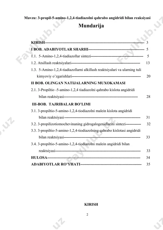 ollar o’zida bir necha hil funktsional guruhlar saqlaydi. ularning reaktsion hususiyatini o’rganish nazariy jihatdan qiziqarlidir. ya’ni, ta’sir qiluvchi agentlarning tabiatiga va reaksiya sharoitiga qarab, reagentlar endotsiklik yoki ekzorsiklik azot atomi bilan tasirlashishi mumkin. yuqoridagilarni hisobga olib ularning ko’plab yangi vakillarini sintez qilish mumkin. bu birikmalar orasidan qishloq ho’jaligi va meditsina uchun yuqori samarali preparatlar, halq ho’jaligida ishlatiladigan mahsulotlar uchun homashyolar qidirib topish mumkin. ikkinchi tarafdan 5-amino-1,2,4-tiadiazollar ularning elektrofil reagentlar bilan tasirlashishi u yoki bu (ba’zan barobariga) markazga ketishi mumkin. bu reaksiyaning yo’nalishini aniqlash, unga ta’sir etuvchi omillarni va uning qonuniyatlarini topish katta nazariy ahamiyatga ega. ishning maqsadi 3-propiltio-5-amino-1,2,4-tiadiazolni sintez qilish va yantar (qahrabo) kislota angidridi bilan atsilash reaktsiyasini o’rganish; -olingan moddalarning fizik-kimyoviy hususiyatlarini aniqlash; - sintez qilingan moddalar orasidan biologik faol moddalar izlash. ishning ilmiy yangiligi ilk marotaba 3-propiltio-5-amino-1,2,4-tiadiazolning yantar (qahrabo) kislota angidridi bilan reaktsiyasi o’rganilib, yangi tiadiazol hosilasi sintez qilindi va uning sintezini muqobil sharoiti topildi. birinchi marta 3-propiltio-5-amino-1,2,4-tiadiazolning …