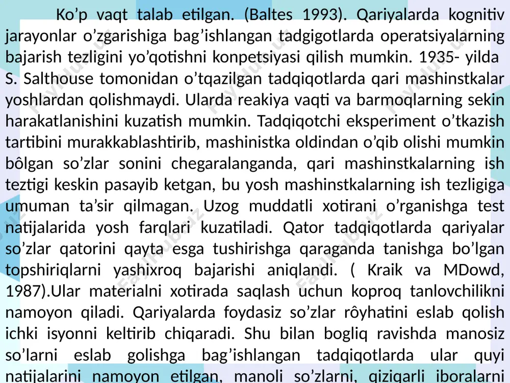 irishimlilik, integratsiya yoki ajralib qolish), shaxsiy hayotining tugayotganligini anglash). keksayishning kompleks nazaryalari. kompleks nazariyalar keksayishning biron jihatiga urg’u beradigan nazariyalarga qarshi chiqadi. keksayish ko’p qirrali jarayon bo’lib, u o’zaro biologik, ijtimoiy va psixologik jarayonlar bilan bog’ligdir. har bir insonga o’ziga xos keksayish yo’li xos. dj. terner, d. helms uch o’zaro bog’liq jarayonni ajratib korsatiladir . psixologik keksayish - individ o’zi keksayish jarayonini qanday tassavvur qiladi va his qiladi boshqalarning keksayishi bilan o’zini taqqoslab keksayish jarayoniga qanday munosabatda bo’ladi. biologik keksayish - yosh o’tishi bilan organizmda o’zgarishlarning sodir boladi. ijtimoiy keksayish - individ keksayishni jamiyat bilan ijtimoiy rollarni bajarish bilan qanday bog’laydi. qarilikring yosh chegaralarini turli olimlar turlicha tavsiflashadi, lekin kopchilik 60-65 yoshni qarilikning boshlanishi sifatida e'tirof etishadi. chexiyalik professor b. prijigado 60-75- qarilik, 75-100 yosh keksalik. dz. berren: 50 - 75 yosh so’nggi yetuklik, 75 yoshdan keyin qarilik. d. b. bromley qarlikning 3 bosqichini kôrsatib o’tadi. 65-70 yosh sevimli ishdan …