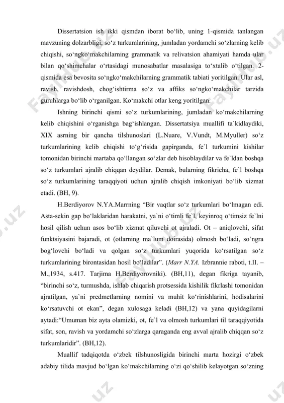 atilgan so‘z turkumlarining birontasidan hosil bo‘ladilar”. (marr n.ya. izbrannie raboti, t.ii. – m.,1934, s.417. tarjima h.berdiyorovniki). (bh,11), degan fikriga tayanib, “birinchi so‘z, turmushda, ishlab chiqarish protsessida kishilik fikrlashi tomonidan ajratilgan, ya`ni predmetlarning nomini va muhit ko‘rinishlarini, hodisalarini ko‘rsatuvchi ot ekan”, degan xulosaga keladi (bh,12) va yana quyidagilarni aytadi:“umuman biz ayta olamizki, ot, fe`l va olmosh turkumlari til taraqqiyotida sifat, son, ravish va yordamchi so‘zlarga qaraganda eng avval ajralib chiqqan so‘z turkumlaridir”. (bh,12). muallif tadqiqotda o‘zbek tilshunosligida birinchi marta hozirgi o‘zbek adabiy tilida mavjud bo‘lgan ko‘makchilarning o‘zi qo‘shilib kelayotgan so‘zning qanday semantik ma`nolari reallishuviga hamda gapda qanday vazifalarda kelishiga oid nazariy qarashlarini bayon qiladi. bu ko‘makchilarning o‘zbek tilida mavjud bo‘lgan ma`nodosh variantlari to‘g‘risida esa, buni o‘z oldiga asosiy maqsad qilib qo‘ymagani uchun, yo‘l-yo‘lakay mulohaza yuritadi. tilshunoslikda mavjud bo‘lgan an`anaviy usullardan chiqmagan holda biz hozirda “ko‘makchilar” deb o‘rganib kelayotgan til birliklarini oldko‘makchilarga qarama-qarshi ravishda so‘ngko‘makchilar tarzida talqin qiladi. bu qarashlar orasida so‘z …