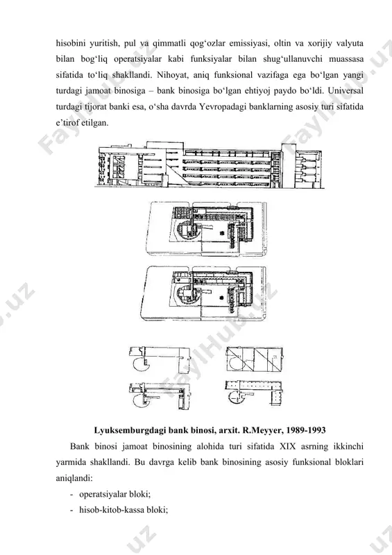 ng g‘arbiy yevropa mamlakatlarida bank binolariga bo‘lgan talab sezilarli darajada ortishi; · 1930-yillarda, iqtisodiy inqirozdan keyin, aqsh va kanadada bank binolariga bo‘lgan talabning kuchayishi; · ikkinchi jahon urushidan keyin xalq demokratiyasi mamlakatlarida bank binolariga bo‘lgan ehtiyojningortishi; · 1960-yillarda kolonializm tizimning tugatilishi g‘arbiy yevropada bank binolariga bo‘lgan talabning o‘zgarishi; · 1980-yillarning oxiri va 1990-yillar boshida mamlakatda ro‘y bergan ijtimoiy va iqtisodiy o‘zgarishlar natijasida bank binolariga bo‘lgan ehtiyojning keskin ortishi. germaniyadagi yuqori qavatli bank binolari 1-frankfurtdagi mayna tijorat banki, arx. n. foster, 1997; 2- gannoverdagi shimoliy germaniya banki, arx. bennish, 2002; 3- drezden banki, arx. avv byurosi, 1994; 4- nemes banki, arx. avv byurosi, 1995; bank binolarining klassifikatsiyasi bank binolarining klassifikatsiyasi, birinchi navbatda, bank turi va uningshahar tuzilmasidagi joyi bilan belgilanadi. turiga qarab banklar quyidagicha toifalanidi: funksiyalari va bajariladigan operatsiyalar bo‘yicha: · markaziy; · tijorat banklari; · omonat banklari; · maxsus banklar; mulkchilik shakli bo‘yicha: · davlat banklari; · aksionerlik banklari; · …