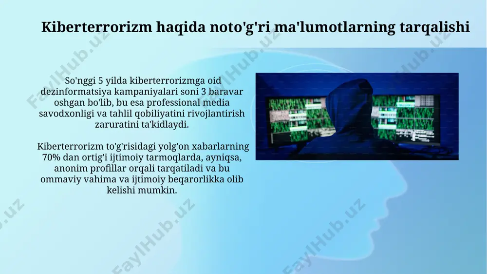 orlikni oshirishda oav 70% dan ortiq aholi segmentiga yetganligi sababli muhim rol o'ynaydi, shu bilan oldini olish choralari samaradorligini oshiradi. oav orqali kiberhujumlarning texnik jihatlarini, masalan, fihing yoki zararli dasturlarni tushuntirish, 30% gacha bo'lgan odamlarning kiberxavfsizlikka oid bilim va ko'nikmalarini yaxshilashga yordam beradi. ijtimoiy tarmoqlardagi kiberterrorizm propagandasi kiberterrorizm propagandasi algoritmlarni manipulyatsiya qilish orqali tez tarqalib, 70% ga yaqin foydalanuvchilarni aldab, zararli havolalarga bosishga undaydi. ijtimoiy tarmoqlarda kiberterrorchilik propagandasi 1000 dan ortiq soxta akkaunlar orqali tarqatilib, 50% dan koʻprogʻi radikal gʻoyalarni targʻib qilishga qaratilgan. soxtalashtirilgan yangiliklar va kiberterrorizm soxtalashtirilgan yangiliklarning tez tarqalishi natijasida jamoatchilik orasida ishonchsizlik va chalkashlik ortmoqda, bu esa kiberterrorizmning ta'sirini kuchaytiradi. soxtalashtirilgan yangiliklar orqali kiberterrorchilar 2022 yilda o'rtacha 50 million dollar miqdorida mablag' yig'ishga muvaffaq bo'lishgan, bu esa ularning operatsiyalarini moliyalashtirishga xizmat qiladi. kiberterrorizmning ommaviy axborot vositalarida aks etishi onlayn platformalarda kiberterrorizmga oid 5 million dan ortiq post va sharhlar tahlil qilinib, ularda "deepfake" texnologiyalaridan foydalanish holatlari aniqlangan. …