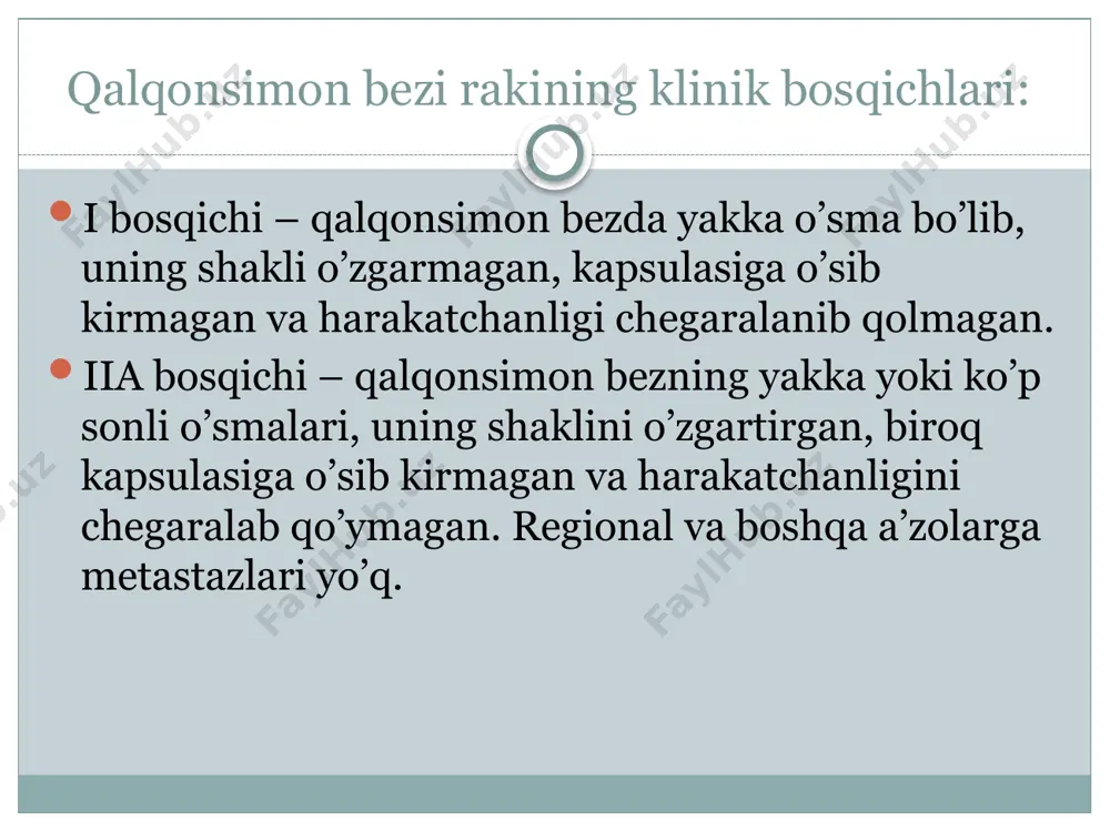 shlari mavjud bo’lgan holda organizmga ekzogen omillar ta’siri sabab bo’lishi ham isbotlab berilgan. klinikasi va diagnostikasi. ilmiy adabiyotlarining guvohlik berishicha kasb-kor nuqtai nazaridan diffuz toksik buqoq bilan ko’proq aqliy mehnat xodimlari kasallanadilar. qishloq joylarda yashovchi aholi tireotoksikoz bilan 3-5 marta kamroq kasallanadi. aftidan, bunda birmuncha tinch va qulay bo’lgan atrof muhitning (tabiiy omillar, ochiq havoda ishlash) ahamiyati katta bo’lsa kerak. tireotoksikozga xos belgilar toksik buqoqning nafaqat diffuz giperplaziyasi bor turida, balki tugunli (yoki ko’p tugunli), aralash kabi patologik turlarida xam uchraydi. klinikasi va diagnostikasi tireotoksikozning rivojlanish darajasi hamisha ham qalqonsimon bezning kattalashuv darajasiga bog’liq bo’lavermaydi: ba’zan bez o’lchamlari kichik bo’lsa ham tireotoksikozning rivojlanish darajasi yuqori, yoki aksincha, bez o’lchamlari katta bo’lgani bilan tireotoksikoz deyarli rivojlanmasligi mumkin. demak, buqoq kasalligida qalqonsimon bez hajmining katta-kichikligi klinik belgilarining og’ir-engilligiga hamisha ham muvofiq kelavermaydi. kezi kelganda shuni aytish kerakki, tireotoksikozning rivojlanish darajasining yuqoriligi, ko’pincha sporadik buqoqda yaqqolroq namoyon bo’ladi. klinikasi va diagnostikasi endemik buqoqda …