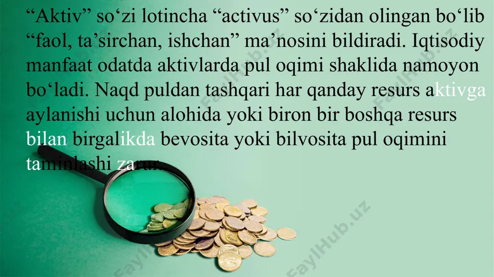 loq xo‘jalik, ishlab chiqarish korxonalariga berilgan kreditlar, shuningdek, iste’mol va ipoteka kreditlari; bankning asosiy vositalari, inshootlari, jihozlari va shaxsiy ko‘chmas mulki; boshqa barcha aktivlar. daromad keltirishga qarab bank aktivlari: daromad keltiruvchi va daromad keltirmaydigan aktivlarga bo‘linadi. daromad keltiruvchi aktivlarga quyidagilar kiradi: qisqa va uzoq muddatli ssudalar (aholiga, mijozlarga, boshqa banklarga). muddati o‘tib ketgan ssudalar bo‘yicha qarzlar va foizlar. faktoring, lizing, forfeyteng, trast operatsiyalaridan olinadigan daromadlar. qimmatli qog‘ozlar operatsiyalaridan olinadigan daromadlar. berilgan kafolat va topshiriqnomalar keltiradigan daromadlar. daromad keltirmaydigan aktivlarga quyidagilar kiradi: pul aktivlari guruh; asosiy vositalar ; kapital harajatlar; barcha moddiy aktivlar va boshqa aktivlar; nomoddiy aktivlar kiradi. tijorat bankining aktivi va uning turlari № aktivlar % kassadagi naqd va unga tenglashtirilgan pullar 0,2 - 12,9 kreditlar (ssudalar) 19,9 - 83,2 investitsiya va qimmatli qog‘ozlar 2,1 - 23,9 boshqa turli aktivlar 0,2 - 7,8 jami aktivlar 100 jadvaldagi ma’lumotlardan quyidagi xulosalarni chiqarish mumkin: bank aktivining eng asosiy qismini ssudalar, ya’ni …