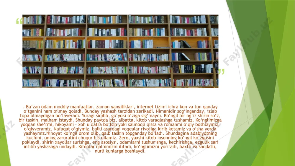 o‘zini-o‘zi tarbiyalashida kitob ham bilim manbai, ham o‘zini yaxshi tomonga o'zgartirish, taqqoslash, taqlid qilish, munozara yuritish, bahslashishda ma’lum darajada ko‘zgu vazifasini o‘taydi. hayotda inson yolg‘iz o‘zi yashay olmaydi. albatta, atrofidagi odamlar bilan munosabatda bo‘ladi. ana shu munosabatlarda qiynalgan, to‘g‘ri yo‘l izlagan paytda suygan kitobimizga murojaat qilamiz. ba’zan ulardan quvvat olib, tog'ri yo‘lni o'zimiz uchun lozim tutamiz. demak, biz avvalo kitobdan ilmni, sabrni, insonlar bilan go'zal muomalada bo'lishni hamda kechirimli bo'lishni o'rganamiz. buyuk shoir va mutafakkir hazrat alisher navoiy: "kitob - beminnat ustoz. u har daqiqa bizni donishmandlarning bilim xazinasi bilan oshno eta oladi", degan edilar. image1.jpeg image2.png image3.jpg image4.jpg image5.jpg /docprops/thumbnail.jpeg
