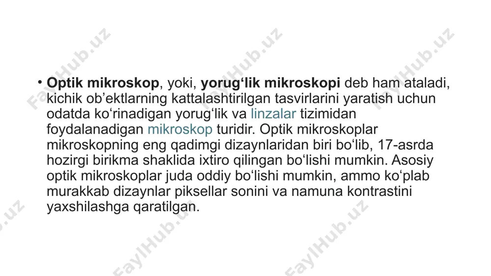 agi rasmga muvofiq quyida taqsimlangan): koʻzoynak (koʻz linzalari) (1) obektiv minora, revolver yoki aylanadigan burun qismi (bir nechta obektiv linzalarni ushlab turish uchun qoʻllanadi) (2) obektiv linzalar (3) fokus tugmalari (sahnani siljitish uchun) qoʻpol sozlash (4) nozik sozlash (5) bosqich (namunani ushlab turish uchun) (6) yorugʻlik manbai (yorugʻlik yoki oyna) (7) diafragma va kondensator (8) mexanik bosqich (9) mikroskop, zarrabin (mikro… va yun. skopeo – qarayman) – mikrozarralarni, koʻzga koʻrinmaydigan juda mayda narsalarni kattalashtirib koʻrsatadigan optik asbob. mikroskopning kattalashtirishi difraksion hodisalar (qarang difraksiya) tufayli cheklangan; u atigi 1500—1000-martani tashkil qiladi. odam koʻzi 250 mm uzoqlikdagi zarralar oʻrtasidagi masofani 0,08 mm gacha aniqlikda farq qila oladi (bu raqam koʻpchilik odamlarda 0,90 mm ni tashkil etadi). lekin mikroobyektlar (bakteriya, mayda kristallar va boshqalar) oʻlchami bundan ham kichik. shu sababli, elementlari orasidagi masofa 0,25 mkm li strukturalarni farq qilishga imkon beradigan (yaʼni ajratish qobiliyati 0,25 mkm boʻlgan) mikroskop mavjud (elektron mikroskopniki – 0,01—0,1 …