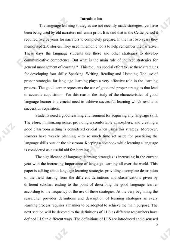 lking about language learning strategies providing a complete description of the field starting from the different definitions and classifications given by different scholars ending to the point of describing the good language learner according to the frequency of the use of these strategies. at the very beginning the researcher provides definitions and description of learning strategies as every learning process requires a manner to be adopted to achieve the main purpose. the next section will be devoted to the definitions of lls as different researchers have defined lls in different ways. the definitions of lls are introduced and discussed here. relevant studies and classifications of lls by many researchers are addressed in this study in a section dedicated for the historical background of the research in this field. rebecca oxford's work will be specially discussed as she introduced the strategy inventory for language learning. rebecca's inventory is mostly adopted in …