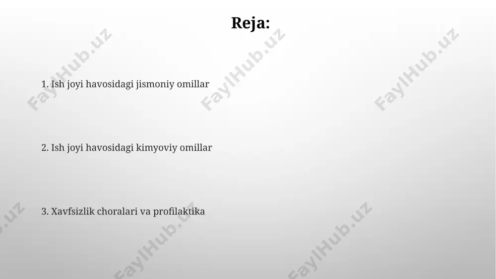 agi havo harorati 20-24°c oraligʻida optimal hisoblanadi, chunki bu diapazonda inson tanasi eng samarali ishlashi mumkin va issiqlik stressining oldini olishga yordam beradi. havoning ifloslanish manbalari havoning harorati va namligi me'yorlaridan chetga chiqishi (masalan, 35°c dan yuqori harorat va 80% dan yuqori namlik) issiqlik stressini keltirib chiqarishi va ish unumdorligini 25% ga qadar pasaytirishi mumkin. kimyoviy moddalar, masalan, organik erituvchilar (benzol, toluen) va zaharli gazlar (uglerod oksidi, azot oksidlari) konsentratsiyasi me'yordan oshib ketishi xodimlar sog'lig'iga jiddiy zarar yetkazishi va 20% gacha ish qobiliyatini pasaytirishi mumlik. xavfsizlik choralari kimyoviy moddalarning konsentratsiyasi chegaraviy ruxsat etilgan me'yorlar (chrm) dan oshgan taqdirda, darhol 3-sinfdan yuqori xavfsizlik choralari qo'llanilishi va mutaxassislar chaqirilishi zarur. ish joyidagi havo sifati yomonlashganda, 15 daqiqadan kam bo'lmagan vaqt davomida havoni tozalash tizimini yoqish kerak, aks holda xodimlarni xavfsiz hududga ko'chirish lozim. yorug'lik darajasi yorug'lik darajasi 300-500 luks oralig'ida bo'lishi tavsiya etiladi, chunki bu ko'rish qobiliyatini yaxshilaydi va ko'z charchoqlarini kamaytiradi. …
