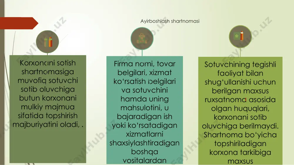 koʻrsatilgan qarzlar roʻyxati ilova qilinishi shart korxonani sotishda kreditorlarning huquqlari qarzning boshqa shaxsga oʻtkazilishiga roziligini sotuvchiga yozma ravishda bildirmagan kreditor korxona sotilishi toʻgʻrisida bildirish xati olgan kundan boshlab uch oy mobaynida qoʻyidagilardan birini talab qilish huquqiga ega: majburiyatni bajarishni korxonani sotishtoʻxtatishni muddatidan oldin majburiyatni bajarishni va sotuvchi tomonidan yetkazilgan zarar qoplanishini; 01 03 korxonani sotishda uning tarkibiga kiruvchi majburiyatlarni tartibga solish muhim ahamiyatga ega. birinchi navbatda bu passiv majburiyatlarga tegishli boʻlib, unga koʻra korxona sotuvchisi qarzdor hisoblanadi. aksariyat hollarda korxonani sotganidan keyin muhim ishlab chiqarish-texnik bazadan mahrum boʻlgan sotuvchi oʻz majburiyatlarini bajara olmaydigan ahvolda boʻladi 5 korxonani topshirish korxonani topshirish uchun taraflar yozma topshirish dalolatnomasini tuzishlari shart. korxonani topshirishni rasmiylashtirish tartibini va uning zarurligini belgilab beradi, chunki birinchidan, korxona koʻchmas mulkka kiradi, ikkinchidan, korxona murakkab mulkiy majmua hisoblanib, uning topshirilganlik holatini faqat ushbu tartibni bajargandan soʻng belgilash mumkin topshirish dalolatnomasi; taraflar tomonidan turli vaqtlarda imzolanishi mumkin. bunday hollarda topshirish dalolatnomasini …