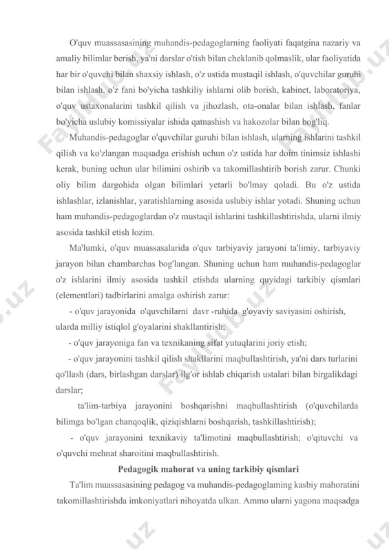 fat yutuqlarini joriy etish; - o'quv jarayonini tashkil qilish shakllarini maqbullashtirish, ya'ni dars turlarini qo'llash (dars, birlashgan darslar) ilg'or ishlab chiqarish ustalari bilan birgalikdagi darslar; ta'lim-tarbiya jarayonini boshqarishni maqbullashtirish (o'quvchilarda bilimga bo'lgan chanqoqlik, qiziqishlarni boshqarish, tashkillashtirish); - o'quv jarayonini texnikaviy ta'limotini maqbullashtirish; o'qituvchi va o'quvchi mehnat sharoitini maqbullashtirish. pedagogik mahorat va uning tarkibiy qismlari ta'lim muassasasining pedagog va muhandis-pedagoglaming kasbiy mahoratini takomillashtirishda imkoniyatlari nihoyatda ulkan. ammo ularni yagona maqsadga yo'naltirish, ular faoliyatini o'zaro muvofiqlashtirish ta'lim muassasasi rahbaridan chuqur bilim va tajribani talab qiladi. pedagog kadrlarni malakasini oshirish tizimida ta'sirchanligi va ularga yaqinligi, vaqt, kuchni, moddiy resurslarni iqtisod qilish hamda boshqa jihatlardan qulaylik bilan ajralib turgani o'z ish joylarida, ya'ni ta'lim muassasida malaka oshirishdir. ta'lim muassasasida pedagoglarning kasbiy mahoratini oshirish o'z ichiga quyidagilarni oladi: metodik ishlar, ishlab chiqarish kengashlari; ilmiy-amaliy seminar, konferensiyalar; pedagogik o'qishlar; umumta'lim fan va maxsus fanlar metodik komissiyalari; ilg'or tajribalarni o'rganish, umumlashtirish va ommalashtirish; darslarga kirish va tahlil …