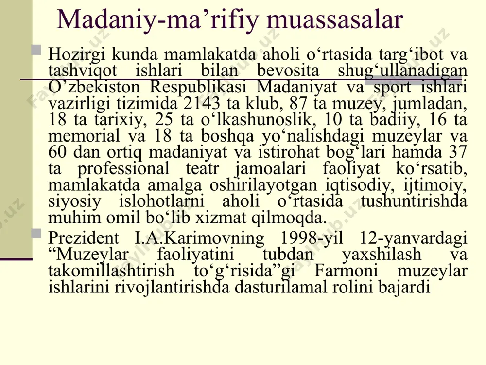 ancha din va mazhablar mavjud. dinlararo bag‘rikenglik bugun respublikada 16 ta diniy konfessiyaga mansub 2238 ta diniy tashkilot – imom buxoriy nomidagi toshkent islom instituti, 9 ta o‘rta maxsus islom bilim yurti, pravoslav va protestant seminariyalari faoliyat olib bormoqda. ularda talabalar diniy ilmlar bilan bir qatorda dunyoviy ilmlarni olish imkoniyatiga ham ega. 1999-yilda o‘zbekiston respublikasi birinchi prezidenti islom karimovning tashabbusi bilan markaziy osiyoda yagona bo‘lgan toshkent islom universitetiga asos solindi. dinlararo bag‘rikenglik prezidentning 2017-yil 27-martdagi «o‘zbekiston respublikasi vazirlar mahkamasi huzurida imom buxoriy xalqaro ilmiy-tadqiqot markazini tashkil etish chora-tadbirlari to‘g‘risida»gi qaroriga muvofiq samarqandda ilmiy-tadqiqot markazi tashkil etildi. o’zbekiston respublikasi prezidentining 2017-yil 23-iyundagi «o‘zbekiston respublikasi vazirlar mahkamasi huzurida o‘zbekistondagi islom madaniyati markazini tashkil etish chora-tadbirlari to‘g‘risida»gi qarori asosida toshkentda islom madaniyati markazi hamda prezidentning 2017-yil 15-dekabrdagi farmoni asosida o‘zbekiston islom akademiyasi tashkil etildi. tarixiy xotiraning tiklanishi. 1991-yili alisher navoiy tavalludining 550- yilligi keng nishonlandi. alisher navoiy nomida davlat mukofoti ta’sis etildi. adabiyot …