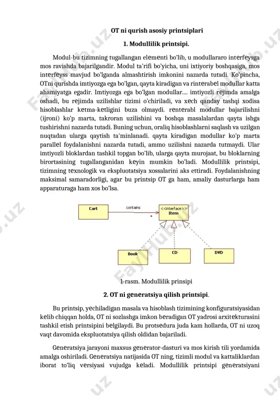 ydalanuvchiga os ni taklif qilishdan maqsad resurslarni aniqlash va bu resurslarni boshqarish masalalarini yechishdan ozod qilishdir. tizimni inson psixologiyasini hisobga olgan holda loyihalash kerak. 4. samaradorlik. resurslar taqsimotida os foydalanuvchi uchun tizim resurslaridan foydalanish darajasini maksimal oshirishi kerak. tizimning o ‘zi esa iloji boricha kamroq resurslardan foydalanishi zarur. resurslaming os tomonidan band qilinishi foydalanuvchi imkoniyatlarini kamaytirishga olib keladi. 5. moslanuvchanlik. tizim amallari foydalanuvchiga qarab sozlanishi mumkin. resurslar majmuasi os samaradorligini oshirish maqsadida ko‘paytirilishi yoki kamaytirilishi mumkin. 6. aniqlik. foydalanuvchi tizim interfeys darajasidan pastda sodir bo'ladigan jarayondan bexabar qolishi mumkin. shu bilan birga foydalanuvchi tizim haqida qancha bilgisi kelsa, shuncha bilish imkoniyatiga ega bo‘lishi kerak. ot ni qurish asosiy printsiplari 1. modullilik printsipi. modul-bu tizimning tugallangan elementi bo’lib, u modullararo interfeysga mos ravishda bajarilgandir. modul ta'rifi bo’yicha, uni ixtiyoriy boshqasiga, mos interfeyss mavjud bo’lganda almashtirish imkonini nazarda tutadi. ko’pincha, otni qurishda imtiyozga ega bo’lgan, qayta kiradigan va rinterabel modullar katta ahamiyatga …