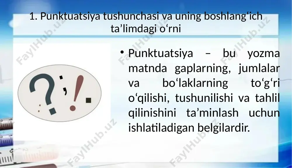 agi xatolariga olib keladi. darsliklardagi punktuatsiya materiallarining ko‘p hollarda nazariy jihatlari bilan bog‘liq muammolar mavjud. shu sababli, o‘qituvchilarga punktuatsiyani o‘rgatishda amaliy mashqlar va vizual vositalardan foydalanish tavsiya etiladi. bunga misol tariqasida, o‘quvchilarga kundalik hayotdan misollar keltirib, punktuatsiya belgilari to‘g‘ri ishlatilgan holda matnlar tuzishlarini so‘rash mumkin. bundan tashqari, o‘quvchilarga matnlarni to‘g‘ri punktuatsiya bilan to‘ldirish, o‘zgartirish mashqlarini berish orqali punktuatsiya qoidalarini mustahkamlash mumkin. xulosa: boshlang‘ich sinf darsliklarida punktuatsiya o‘rgatish juda muhim, chunki u o‘quvchilarning yozma nutqini aniq va tushunarli qilishda asosiy rol o‘ynaydi. punktuatsiya belgilari matnning ma’nosini aniqlashtiradi va gaplarning to‘g‘ri tushunilishi uchun zarurdir. darsliklarda punktuatsiyaning yoritilishi asosan qoidalar va mashqlar orqali amalga oshiriladi, bu esa o‘quvchilarning nazariy bilimlarini amaliyot bilan mustahkamlashga yordam beradi. shuningdek, punktuatsiya o‘rgatishda yuzaga keladigan muammolar, masalan, o‘quvchilarning qoidalarni o‘zlashtira olmasligi, samarali metodika va mashqlar orqali bartaraf etilishi mumkin. o‘qituvchilar uchun punktuatsiya bo‘yicha maxsus metodik qo‘llanmalar ishlab chiqish va interaktiv mashqlarni keng qo‘llash bu jarayonni yanada samarali qiladi. …