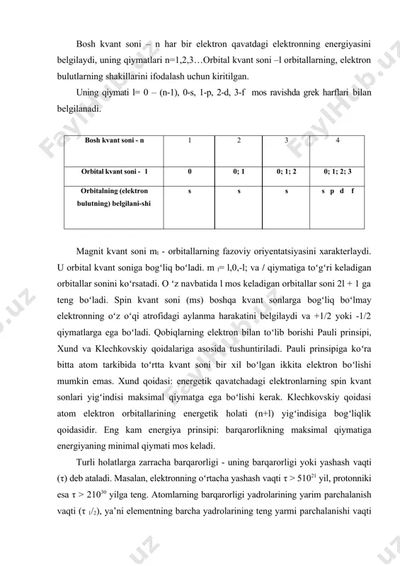 tdagi elektronning energiyasini belgilaydi, uning qiymatlari n=1,2,3…orbital kvant soni –l orbitallarning, elektron bulutlarning shakillarini ifodalash uchun kiritilgan. uning qiymati l= 0 – (n-1), 0-s, 1-p, 2-d, 3-f mos ravishda grek harflari bilan belgilanadi. bosh kvant soni - n 1 2 3 4 orbital kvant soni - l 0 0; 1 0; 1; 2 0; 1; 2; 3 orbitalning (elektron bulutning) belgilani-shi s s s s p d f magnit kvant soni ml - orbitallarning fazoviy oriyentatsiyasini xarakterlaydi. u orbital kvant soniga bogʻliq boʻladi. m l= l,0,-l; va / qiymatiga toʻgʻri keladigan orbitallar sonini koʻrsatadi. o ʻz navbatida l mos keladigan orbitallar soni 2l + 1 ga teng boʻladi. spin kvant soni (ms) boshqa kvant sonlarga bogʻliq boʻlmay elektronning oʻz oʻqi atrofidagi aylanma harakatini belgilaydi va +1/2 yoki -1/2 qiymatlarga ega boʻladi. qobiqlarning elektron bilan toʻlib borishi pauli prinsipi, xund va klechkovskiy qoidalariga asosida tushuntiriladi. pauli prinsipiga koʻra bitta atom tarkibida …
