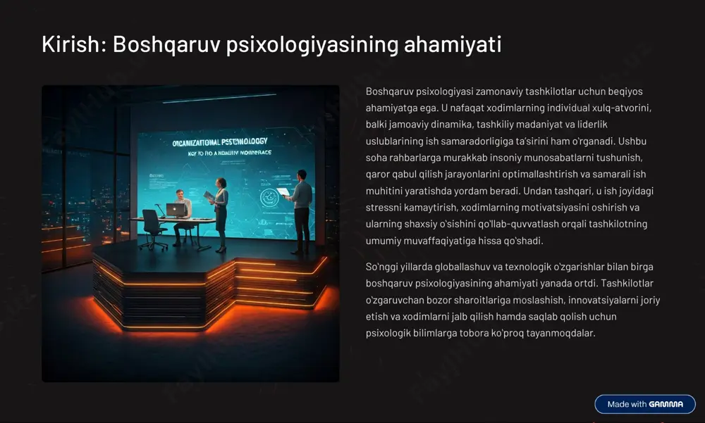 adriyatlari, e¾tiqodlari va xulq-atvor normalari mavjud bo»lib, ular liderlik uslublari, motivatsiya omillari va ish samaradorligiga turlicha ta¾sir qiladi. xorijiy tadqiqotlar bizga bu farqlarni tushunish va ularni boshqaruv amaliyotida hisobga olish imkonini beradi. yangi nazariyalar va modellar: turli mamlakatlarning olimlari o»ziga xos nazariyalar va modellar ishlab chiqish orqali sohaga yangi g»oyalarni kiritadilar. bu esa boshqaruv psixologiyasining doimiy rivojlanishiga turtki bo»ladi. amaliy qo»llanilish: xorijiy tajribalarni o»rganish orqali mahalliy tashkilotlar o»ziga mos keladigan eng yaxshi amaliyotlarni topishi va ularni o»z ish faoliyatiga tatbiq etishi mumkin. bu esa samaradorlikni oshirish va raqobatbardoshlikni kuchaytirishga yordam beradi. shu sababli, xorijiy tadqiqotlar global boshqaruv psixologiyasi bilimlar bazasini boyitishda hal qiluvchi rol o»ynaydi. https://gamma.app/?utm_source=made-with-gamma dastlabki nazariyotchilar: henri fayol va uning merosi henri fayol 1841-1925 henri fayol (1841-1925) 3 klassik boshqaruv nazariyasining asoschilaridan biri bo»lib, uning "umumiy va sanoat boshqaruvi" (administration industrielle et générale) asari boshqaruv psixologiyasining dastlabki rivojlanishiga katta hissa qo»shgan. fayol boshqaruvni beshta asosiy funksiyaga ajratgan: rejalashtirish, …