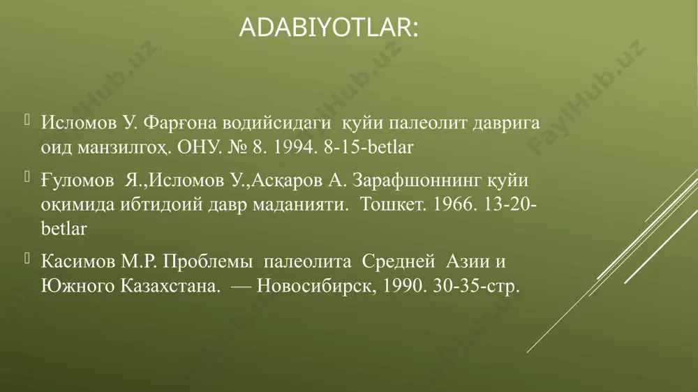 lsa, qirg‘ichlardan kiyim–kechak uchun hayvon terilariga ishlov berishda foydalanganlar. bu davrda tabiat iqlimi soviy boshlagan. odamlar tabiiy sharoitga moslashib, boshpana sifatida g‘orlarni o‘zlashtirganlar va tabiiy olovdan foydalana boshlaganlar. shuni aytish kerakki, ibtidoiy odamlar barcha g‘orlarda ham yashamaganlar. odatda tagi tuproqli, quyosh nuri tushadigan, chashma suvi yaqin, ovchilik va terimchillikka qulay g‘orlarda yashaganlar. olduvay davri makonlari ko‘ra, ashel davri makonlari ko‘proq uchraydi. bu odamlarning u davrga nisbatan ko‘paya boshlaganidan darak beradi. o‘zbekiston hududida ashel davrida yoz issiq, quruq, qish esa sovuq bo‘lib, yog‘ingarchilik kam bo‘lgan. shu davrda havo issiq, geografik muhit mo‘tadil bo‘lgan. ashel davri oxiriga kelib havo keskin ravishda sovugan, chunki muzlik davri boshlangan. bu davrda yevropa hududini muzlik qoplagan, tropik o‘lkalarda esa yomg‘ir davri boshlangan. o‘rta osiyoning tog‘li zonalarida muzliklar hosil bo‘lgan. pasttekisliklarda esa yomg‘irlar uzluksiz yog‘ib, ko‘l va daryolar hosil bo‘ldi. havo goh sovub, goh iliq bo‘lib turgan. xuddi shu davrda insonlar olov xususiyatlarini o‘rganib olib, olovdan foydalana …