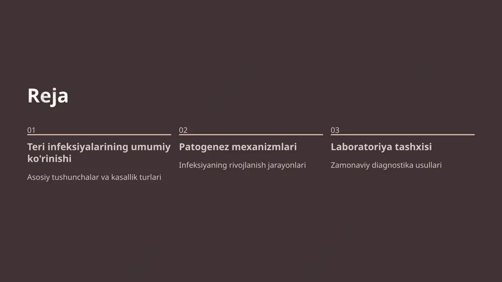o'payish bakteriyalarning mahalliy ko'payishi va toksin ishlab chiqarishi sog'lom teridagi mikroflora muvozanat buzilganda patogen mikroorganizmlar ustunlik qiladi. immun javob va yallig'lanish hujayviy immun javob neutrofillar - birinchi himoya chizig'i makrofaglar - fagositoz va antigen taqdimoti limfositlar - adaptiv immunitet yallig'lanishning klassik belgilari: qizarish, shishish, issiqlik, og'riq va funktsiya buzilishi. pus hosil bo'lishi - neytrofil va bakteriyalarning to'planishi natijasi. teri infeksiyalarining klinik ko'rinishlari impetigo bullosa bolalarda eng keng tarqalgan yuqumli teri kasalligi. kichik pufakchalardan boshlanib katta bullalarga aylandi. furunkul va karbunkul soch follikulining chuqur yallig'lanishi. karbunkul - bir nechta furunkulning birlashishi. virusli pufakchalar herpes simplex va varicella-zoster viruslari suvli pufakchalar hosil qiladi. mikroskop ostida staphylococcus aureus gram-musbat kokklari gram bo'yoq bilan bo'yalganda binafsha rang oladi va uzum tupining shaklidagi klasterlar hosil qiladi. bu bakteriya ko'plab virulentlik faktorlariga ega. 3-bob: laboratoriya tashxisi – zamonaviy yondashuvlar laboratoriya tashxisi teri infeksiyalarini aniq aniqlash, qo'zg'atuvchini identifikatsiya qilish va to'g'ri davolash rejasini tuzish uchun zarur. namuna …