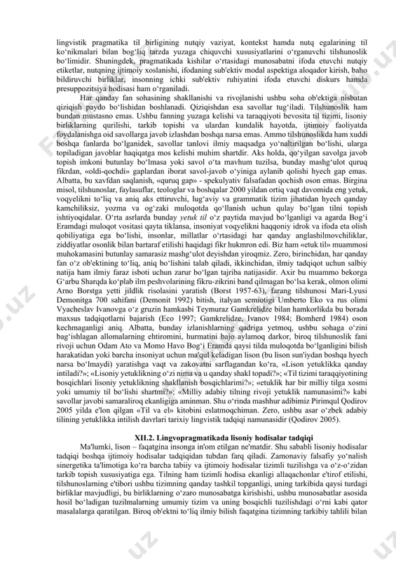 , nutqning ijtimoiy xoslanishi, ifodaning sub'ektiv modal aspektiga aloqador kirish, baho bildiruvchi so‘z va vositalar, insonning ichki sub'ektiv ruhiyatini ifoda etuvchi diskurs hamda presuppozitsiya hodisasini o‘rganish maqsad qilib belgilandi. keyingi yillarda lingvistik pragmatika tilning barcha sath birliklari doirasida o‘rganila boshlandi. buning natijasida tilshunoslikda pragmatikaning fonopragmatika, morfopragmatika, leksopragmatika, sintaktik pragmatika kabi yo‘nalishlari maydonga keldi[footnoteref:2]. [2: ҳакимов м. ўзбек тилида матннинг прагматик талқини: филол. фан. д-ри ... дис. автореф. - тошкент. 2001. - б. 15-17. ] lingvistik pragmatikaning til sathi birliklari, ayniqsa, sintaktik sathda gapga tatbiq etilishi bu birlikning nutq vaziyati, kontekst bilan bog‘liq, faqat nutqda reallashuvchi yashirin xususiyatlarini aniqlash imkonini yaratdi. gap pragmatikasini o‘rganish asosida tilshunoslikda bu sintaktik birlikka xos alohida xususiyat – gapning presuppozitsion akspekti yuzasidan ilmiy-nazariy xulosalar yuzaga keldi. o‘zbek tilshunosligi taraqqiyotining so‘nggi yillarida lingvopragmatik va kognitiv tadqiqotlarga keng yo‘l ochildi. buning natijasida til birliklarining nutq ishtirokchilari, ularning til ko‘nikmalari hamda nutq ob'ekti haqidagi umumiy bilimlari, nutqiy vaziyat, kontekst …
