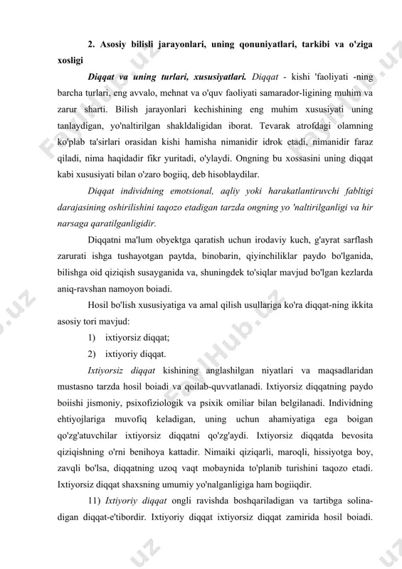 q faoliyat turlari-ning (bir qancha harakatlarning) bir vaqtning o'zida muvaffaqiyatli bajarish imkoniyati bilan bogiiq xususiyat. diqqatning yuksak daraja-da taqsimlanishi - ko'pgina hozirgi zamon mehnat turlari muvaffaqiyatliligining muqarrar shartlaridan biridir. masalan, operatorlar, ko'plab dastgohlarda ishlovchilar, transport haydovchilari va boshqalarning ishi ana shuni talab qiladi. diqqatning ko'chishi maium obyektning bir faoliyatdan ikkinchi bir faoliyatga, bir obyektdan ikkinchi bir obyektga, bir harakatdan ikkinchi bir harakatga o'tishida namoyon boiadi. diqqatning ko'chi​shi yo ongli ravishdagi xulq-atvorga, faoliyatning talablariga yoki o'zgarib ketayotgan shart-sharoitlarga muvofiq tarzda yangi faoliyatga kirishish zaruratiga bogiiq boiadi. faqat obyektlar va jarayonlar o'zgarib, faoliyat esa uzoq vaqt da-vomida o'zgarmasdan qolgan hollarda diqqatning barqarorligi doirasi-da uning ko'chishi yuz beradi. bunday ko'chish uzoq davom etadigan ish paytida charchashning oldini oladi va shu bilan diqqatning barqarorligini oshiradi. lekin bu tez-tez takrorlanavermasligi lozim, aks holda salbiy oqibatlarga olib kelishi mumkin. diqqatning salbiy jihatlaridan biri parishonxotirlikdir. parishonxo-tirlik diqqatni uzoq vaqt davomida jadal bir narsaga qaratishga layoqatsizlikda, diqqatning osongina …