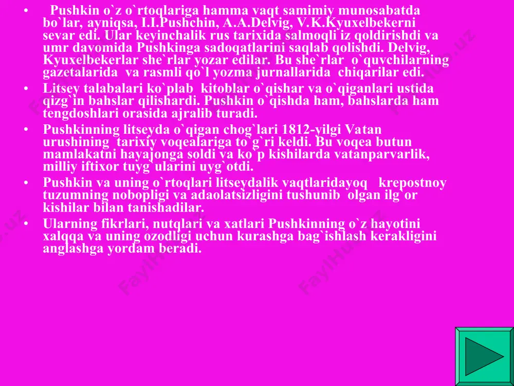 ofatlar bilangina emas, har xil mayda ig`volar, g`iybatlar bilan ham band edi. tabiiyki, bunday bo`g`iq muhit havosidan nafas olish pushkinga malol keladi. biroq pushkin o`z ixtiyorini kiborlar muhitining oqimiga berib qo`ymaydi. u yana tinimsiz mehnatga beriladi. xuddi shu yillarda pushkin bir qator ertaklar yartadi. «shoh sulton va uning azamat o`g`li gvidon haqida ertak», «baliqchi va oltin baliq haqida ertak», «o`lik malika va yetti bahodir haqida ertak», «pop va uning xizmatkori balda haqida ertak» kabilar shular jumlasidandir. pushkin yana chet ishlar kollegiyasiga xizmatga olindi va kanselyariyada o`tirish o`rniga ulug` pyotr tarixini yozish uchun arxivlarda ishlashga ruxsat etildi. 1833-yilda pushkin podshoning ruxsati bilan rossiya bo`ylab to`rt oy safarga jo`naydi va qozon, orenturga, uralsk kabi shaharlarda bo`lib, arxiv materiallari bilan tanishib, pugachyov harakati haqida ilmiy ish yozmoqchi bo`ldi. shu niyatini amalga oshirish maqsadida 1833-yilning yoz oylarida pugachyov harakat qilgan joylarni, uni ko`rgan-bilgan qariyalar bilan suhbatlashib, qo`zg`olon haqidagi ma`lumotlarini boyitdi. 1837-yil 1837-yilning 8-fevral kuni …