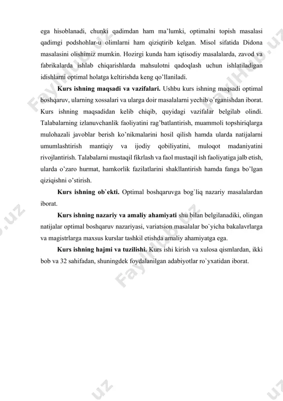 dda misol. 2) optimal boshqaruv masalasining umumiy qo’yilishi. 3) optimal boshqaruv masalasining asosiy tiplari. 4) optimallikning zaruriy sharti (maksimum prinsipi). 2. terminal boshqarish masalasi uchun maksimum prinsipi 1) terminal boshqarish masalasining qo’yilishi. maksimum prinsipi. 2) funksional orttirmasi uchun formula. 3) “ignasimon” variasiya. trayektoriya bahosini aniqlash. 4) maksimum prinsipining isboti. 5) ekstremal boshqaruvlar. 6) chiziqli terminal boshqarish masalasi. optimal boshqaruv masalasining qo’yilishi. pontryaginning maksimum prinsipi. avvalo optimal boshqarish amaliy masalalaridan birini keltiramiz: v0 boshlang’ich tezlikka ega bo’lgan birlik massali material nuqtani modul bo’yicha birdan oshmaydigan kuch ta’sirida gorizontal to’g’ri chiziq bo’ylab a nuqtadan b nuqtaga shunday ko’chirish talab qilinadiki, bunda material nuqta b nuqtaga v1 tezlik bilan eng qisqa vaqtda yetib kelsin. qo’yilgan masala tez harakat bo’yicha optimal boshqarish masalasidan iborat. uning matematik modelini tuzamiz. ox o’qda a(α) va b(β) nuqtalarni olaylik. material nuqta t=t0 boshlang’ich vaqtda a nuqtada, t=t1(t1>t0) vaqtda esa b nuqtada bo’lsin. t= t1-t0 material nuqtaning ko’chish vaqtidan …