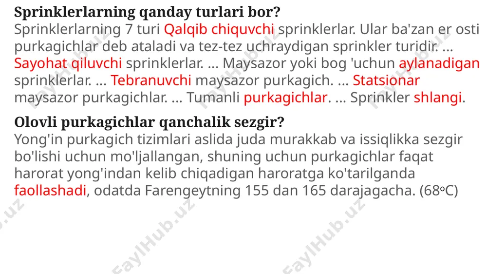 , kichik tomchilar tezda bug ' holatiga aylanadi , haroratni faol ravishda pasaytiradi va kislorodni almashtiradi ; yong'in o'chirish vositasining tejamkor iste'moli , xonaning 1 m2 maydoni uchun taxminan 1,5 litr ; tutunning qattiq moddalarini bog'lash orqali xona tutunini sezilarli darajada kamaytiradi ; yong`in manbasini lokalizatsiya qilish va yo'q qilish juda tez sodir bo'ladi va shu bilan birga juda kam suv iste'mol qilinadiki , xonadagi narsalarga minimal zarar etkaziladi ; ishlash kuchlanishi 1000 v gacha bo'lgan ulangan elektr inshootlarini o'chirishga ruxsat beriladi . ish bosimi suv yong'inga qarshi tizimidagi qanday ish bosimiga qarab , qurilmalar ajratiladi : past bosim bilan - 12,1 atmgacha ; o'rtacha bosim bilan - 12,1 - 34,5 atm .; yuqori bosim bilan - 34,5 atmdan ortiq . obrazets zagolovka obrazets teksta vtoroy uroven tretiy uroven chetvertiy uroven pyatiy uroven 29.11.2023 ‹#› obrazets zagolovka obrazets podzagolovka 29.11.2023 ‹#› obrazets zagolovka obrazets teksta vtoroy uroven tretiy uroven chetvertiy …