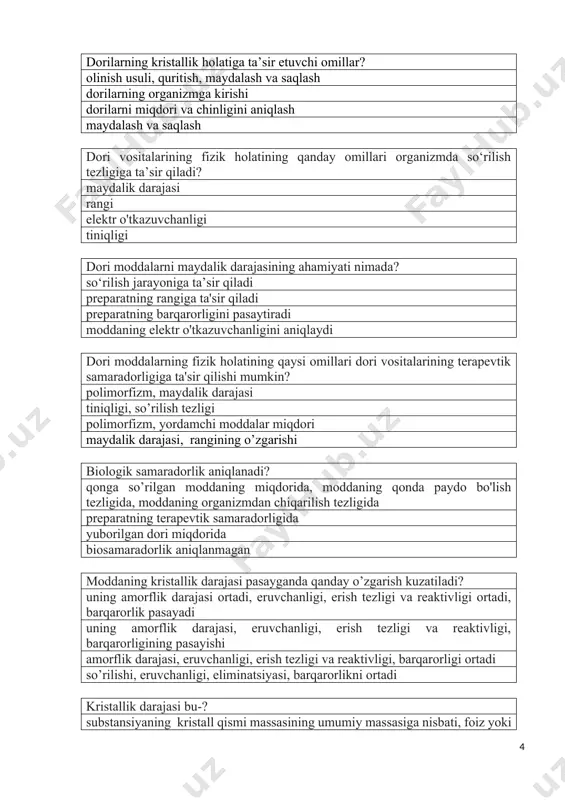 ik aniqlanadi? qonga so’rilgan moddaning miqdorida, moddaning qonda paydo bo'lish tezligida, moddaning organizmdan chiqarilish tezligida preparatning terapevtik samaradorligida yuborilgan dori miqdorida biosamaradorlik aniqlanmagan moddaning kristallik darajasi pasayganda qanday o’zgarish kuzatiladi? uning amorflik darajasi ortadi, eruvchanligi, erish tezligi va reaktivligi ortadi, barqarorlik pasayadi uning amorflik darajasi, eruvchanligi, erish tezligi va reaktivligi, barqarorligining pasayishi amorflik darajasi, eruvchanligi, erish tezligi va reaktivligi, barqarorligi ortadi so’rilishi, eruvchanligi, eliminatsiyasi, barqarorlikni ortadi kristallik darajasi bu-? substansiyaning kristall qismi massasining umumiy massasiga nisbati, foiz yoki kasr bilan ifodalangan maydalashdan oldin va keyin material bo'laklarining o'rtacha o'lchamlari nisbati maydalangan material massasining maydalanmagan material massasiga nisbati, foiz yoki kasr bilan ifodalangan substansiyaning amorf qismi massasining umumiy massasiga nisbati, foiz yoki kasr bilan ifodalangan kakao moyi bilan tayyorlanadigan shamchalarni ishlab chiqarishda chegaralaydigan omil: polimorfizm zaharligi gigrskopik issiqlikka chidamligi biofarmatsevtik kontseptsiyaga ko'ra, farmatsevtik omillar? yordamchi moddalarning tabiati va kontsentratsiyasi, kimyoviy va fizik-kimyoviy xususiyatlari va dori moddaning fizik holati, texnologik jarayonlar, dori …
